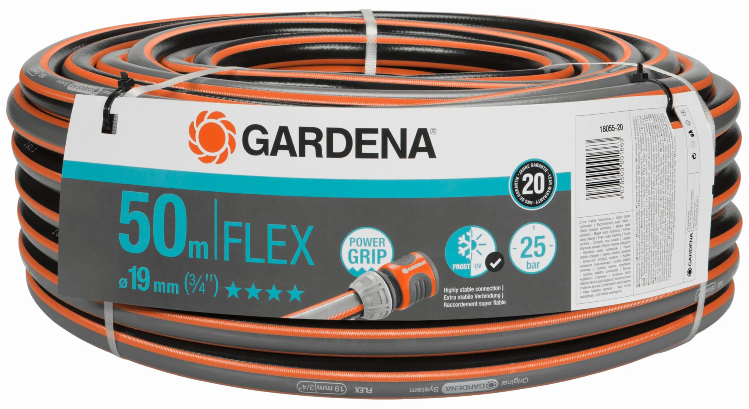 Gardena Comfort FLEX wąż 19 mm (3/4"), 50 m: odporny na odkształcenia, elastyczny wąż ogrodowy, Power Grip, oplot spiralny, ciśn. rozrywające 25 barów, bez elementów systemowych, zapakowany (18055-20)