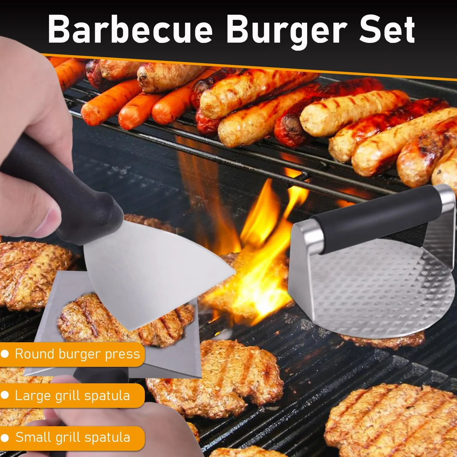 Smash zestaw do burgerów, prasa do burgerów, stal nierdzewna, zestaw sztućców do grilla z okrągłą prasą do burgerów i 2 szpatułkami do grilla, do użytku wewnątrz i na zewnątrz
