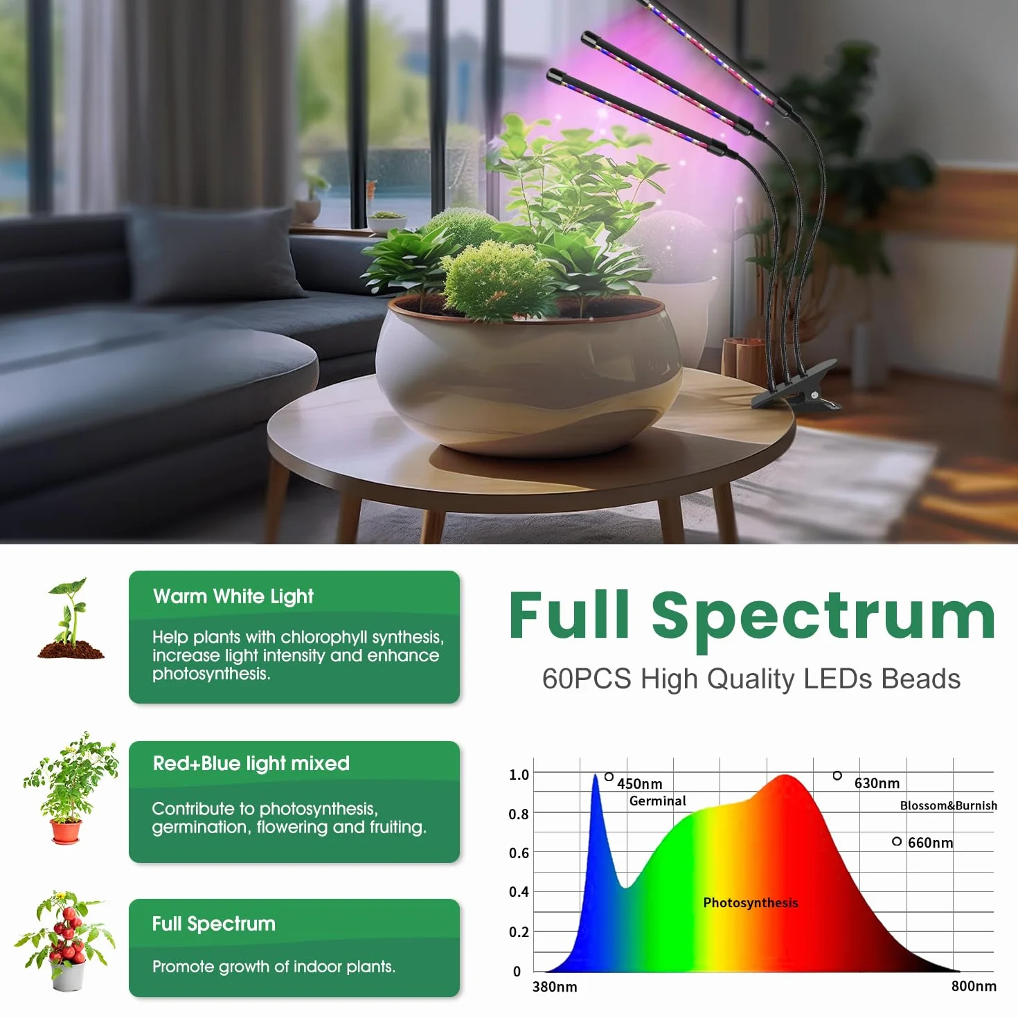 Garpsen Światło roślinne, 3 głowice czerwone - ciepłe niebieskie białe pełne spektrum wewnątrz roślin rosnące światło, 60 LED LED nasiona Start Grow light z automatycznym włączaniem/wyłączaniem