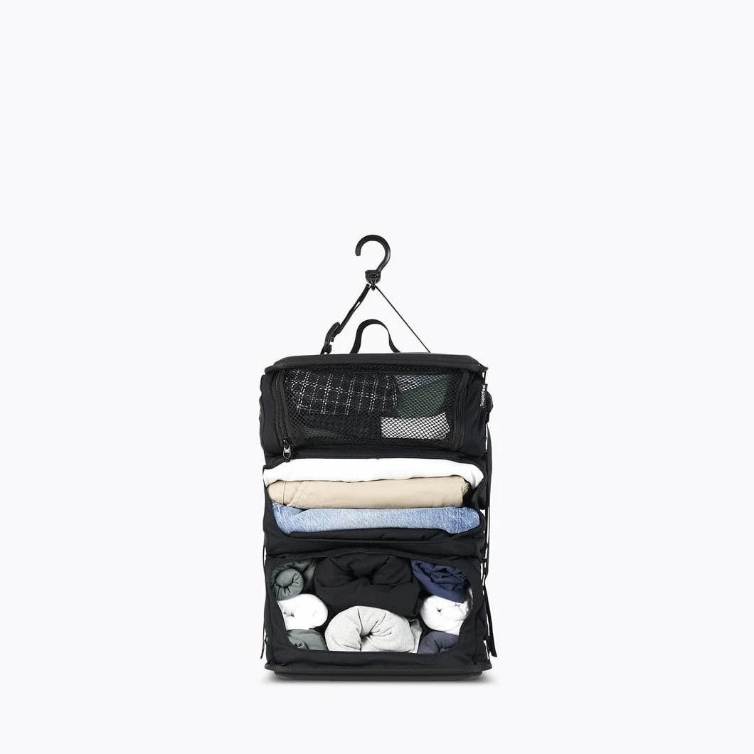 Tropicfeel Szafa w kolorze czarnym, podróżny system garderoby/organizer na ubrania, pasuje do każdego plecaka lub torby o wymiarach 60 cm x 28 cm x 18 cm, wiszący organizer podróżny (cały czarny)