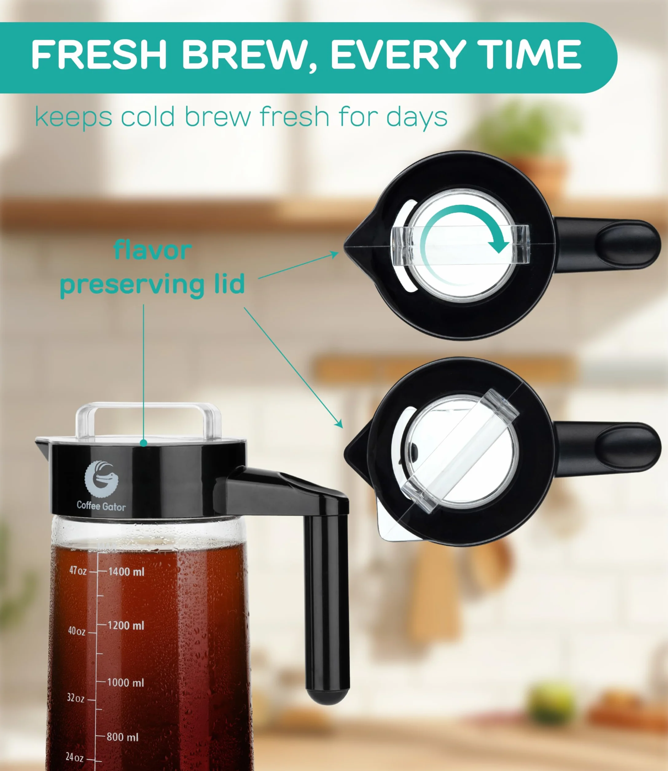 Coffee Gator Ekspres do kawy Cold Brew, filtr bez BPA i szklana karafka, zestaw do parzenia z miarką ze stali nierdzewnej i składanym lejkiem załadunkowym, czarny, 1,4 l