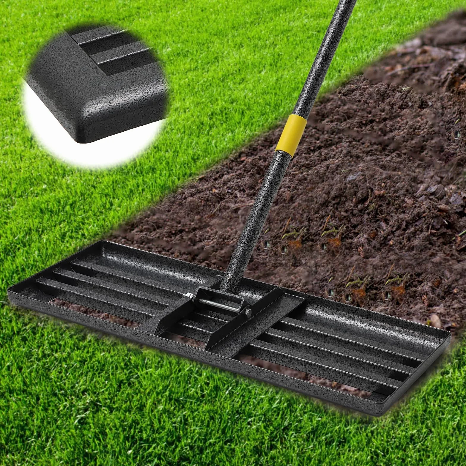 Rakla Lawn Leveling Rake z długim uchwytem – 182 cm, do golfa trawy, survivalowa, górny dressing, ze stali nierdzewnej, do ogrodu, na podwórko, trawnik (76 x 25 cm)