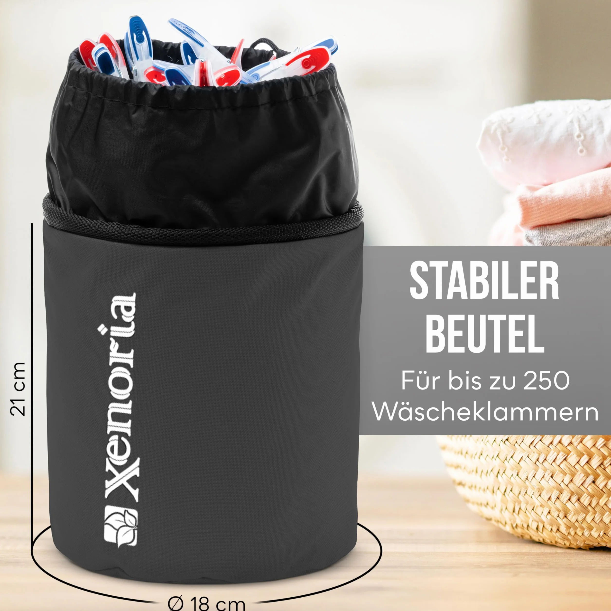 Xenoria Woreczek premium na 250 spinaczy do prania, z haczykiem do zawieszenia, z wytrzymałego materiału, nadaje się do użytku wewnątrz i na zewnątrz (ciemnoszary)