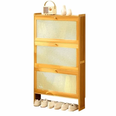 Smukła szafka na buty z rattanu z uchylnym pojemnikiem, organizer do przedpokoju i salonu z 3 szufladami, oddychający design z bambusa, 50 x 17 x 120 cm