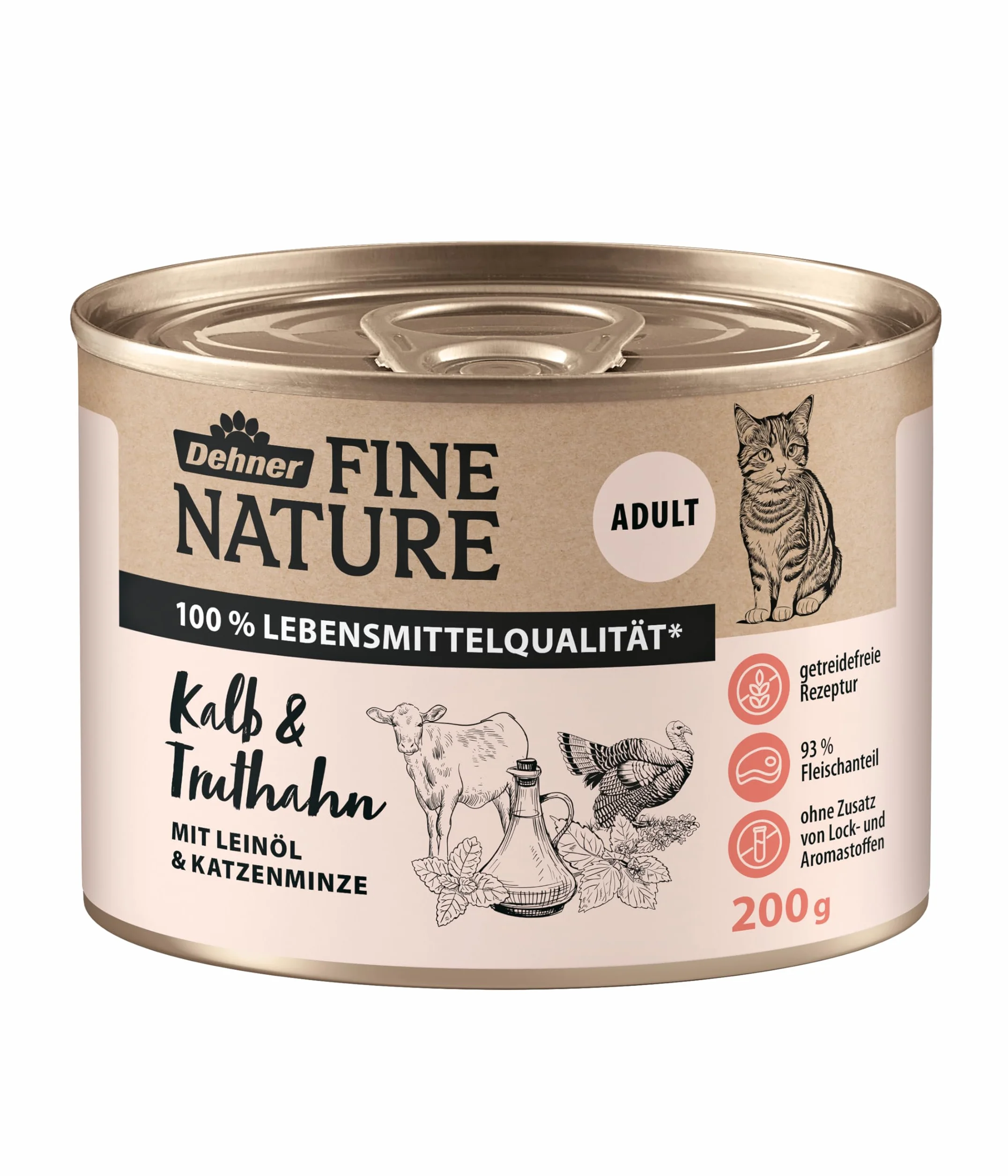 Dehner Fine Nature karma dla kotów, mokra karma bez zbóż, dla dorosłych kotów, cielęcina/indyka, puszka 6 x 200 g (1,2 kg)