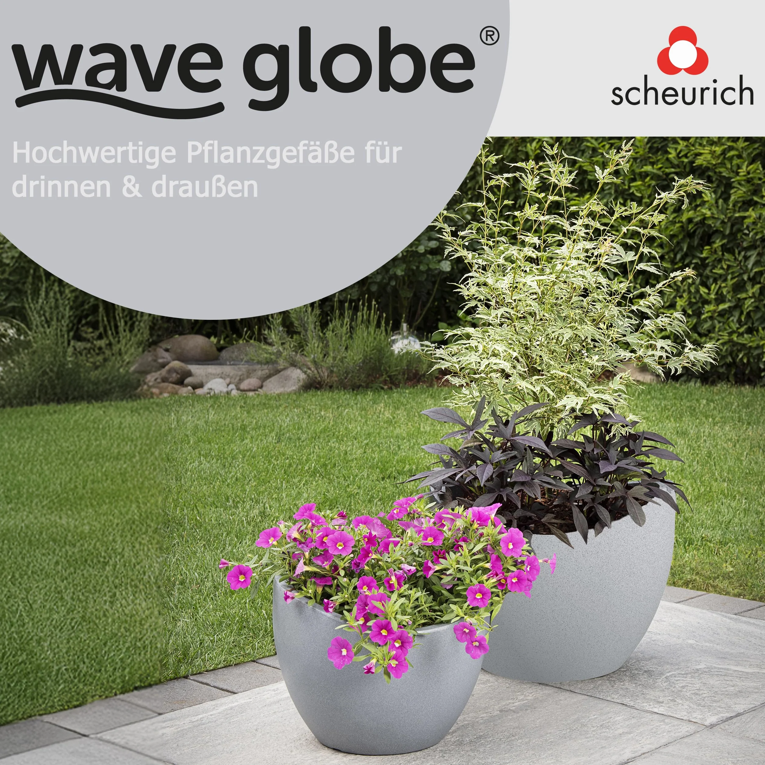 Scheurich Wave Globe 40, donica na rośliny/doniczka/donica na rośliny, okrągła, kolor: szary Stony Grey, wyprodukowana z tworzywa sztucznego pochodzącego z recyklingu, do użytku na zewnątrz