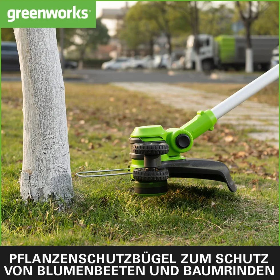 Greenworks GD24LT33K4 Akumulatorowa Podkaszarka Krawędziarka z Kołem do Małych i Średnich Ogrodów, Szerokość Cięcia 33 cm, Automatyczny Wysuw Żyłki Nylonowej 2 mm, Baterii 24V 4Ah i Ładowarki