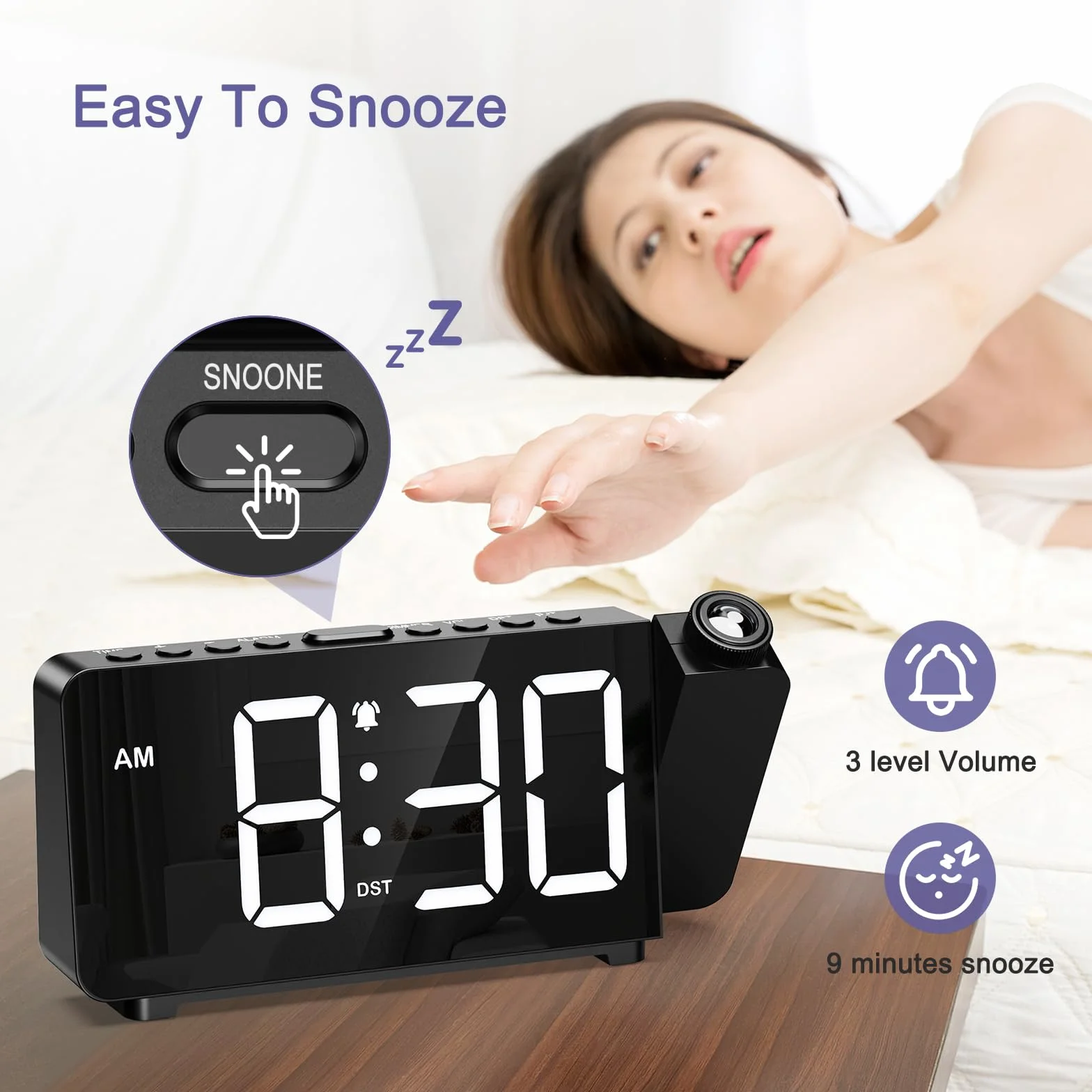 Budzik z projekcją, 7,4" LED, cyfrowy projektor 180°, 3-stopniowa regulacja jasności i ogniskowej, 5 poziomów jasności i 3 głośności, budzik projekcyjny 12/24 h, DST, drzemka