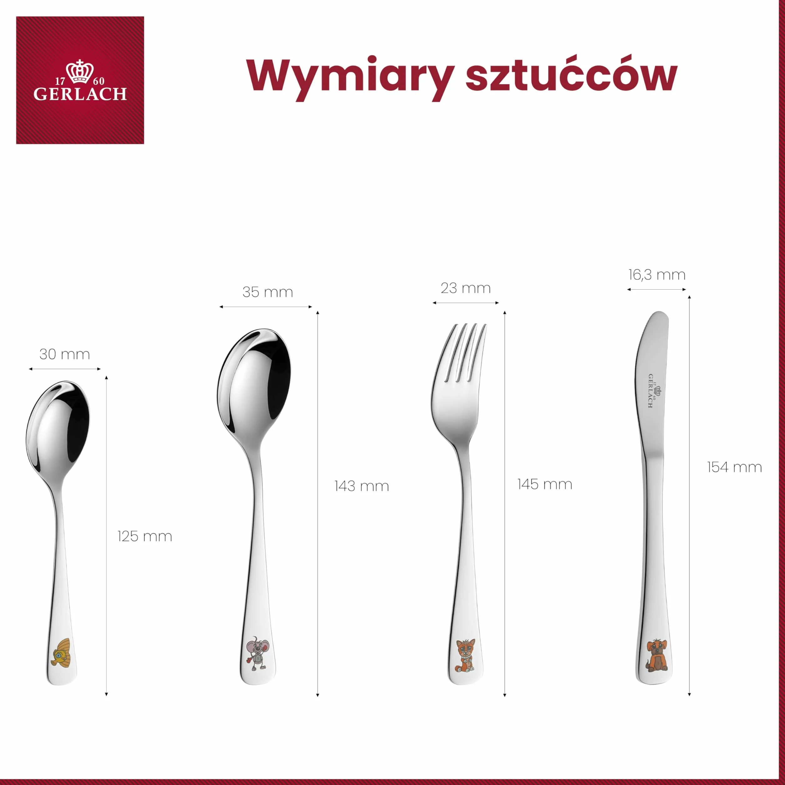 Gerlach Pychotki Zestaw Sztućców Dla Dzieci Sztućce Stołowe Ze Stali Nierdzewnej Ze Wzorem W Zwierzątka Nóż Widelec Łyżka Łyżeczka