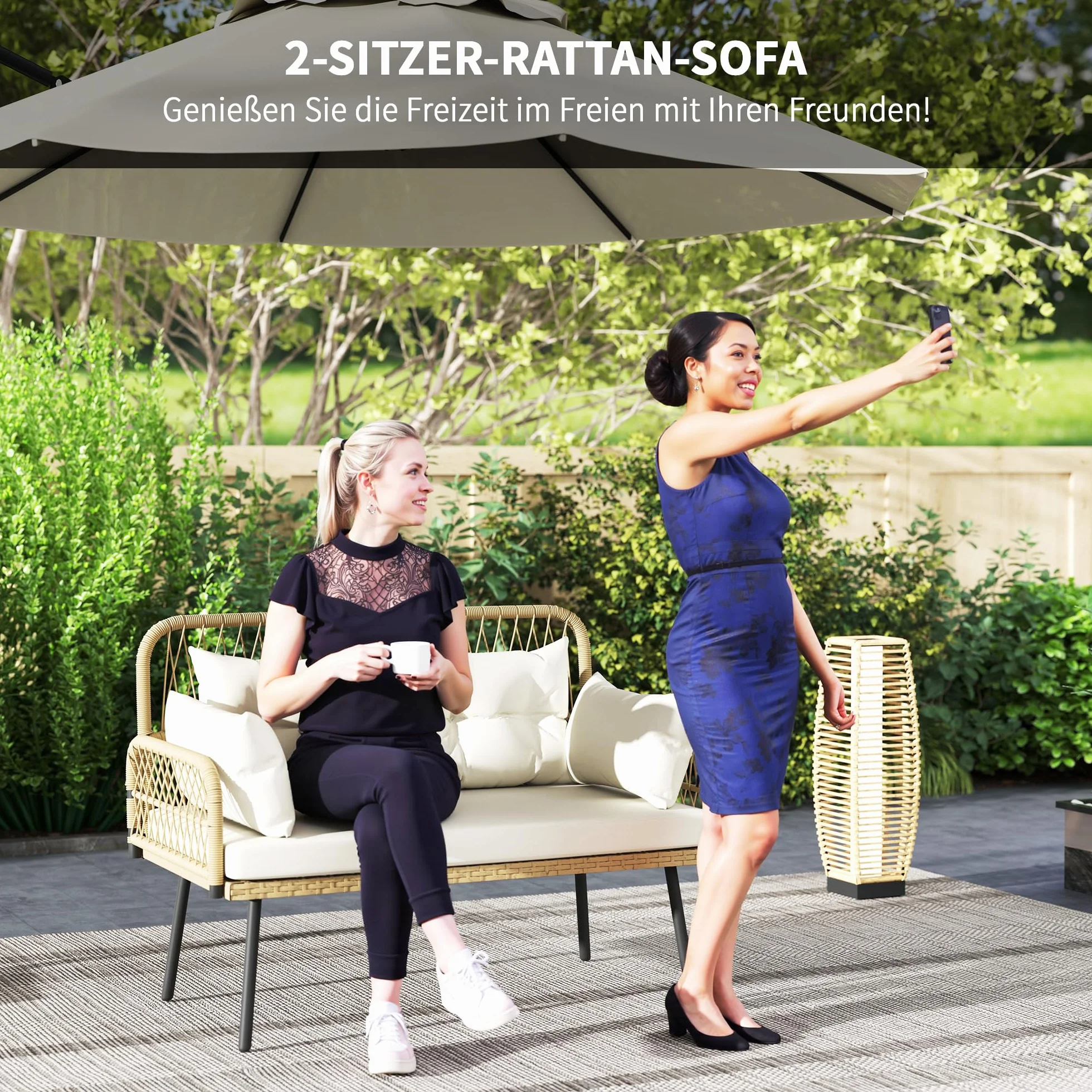 Outsunny Sofa Ogrodowa z Poduszkami 2-osobowa Sofa Balkonowa Rattanowa Sofa Polirattan Meble Ogrodowe 115 x 61 x 82 cm Naturalne Drewno