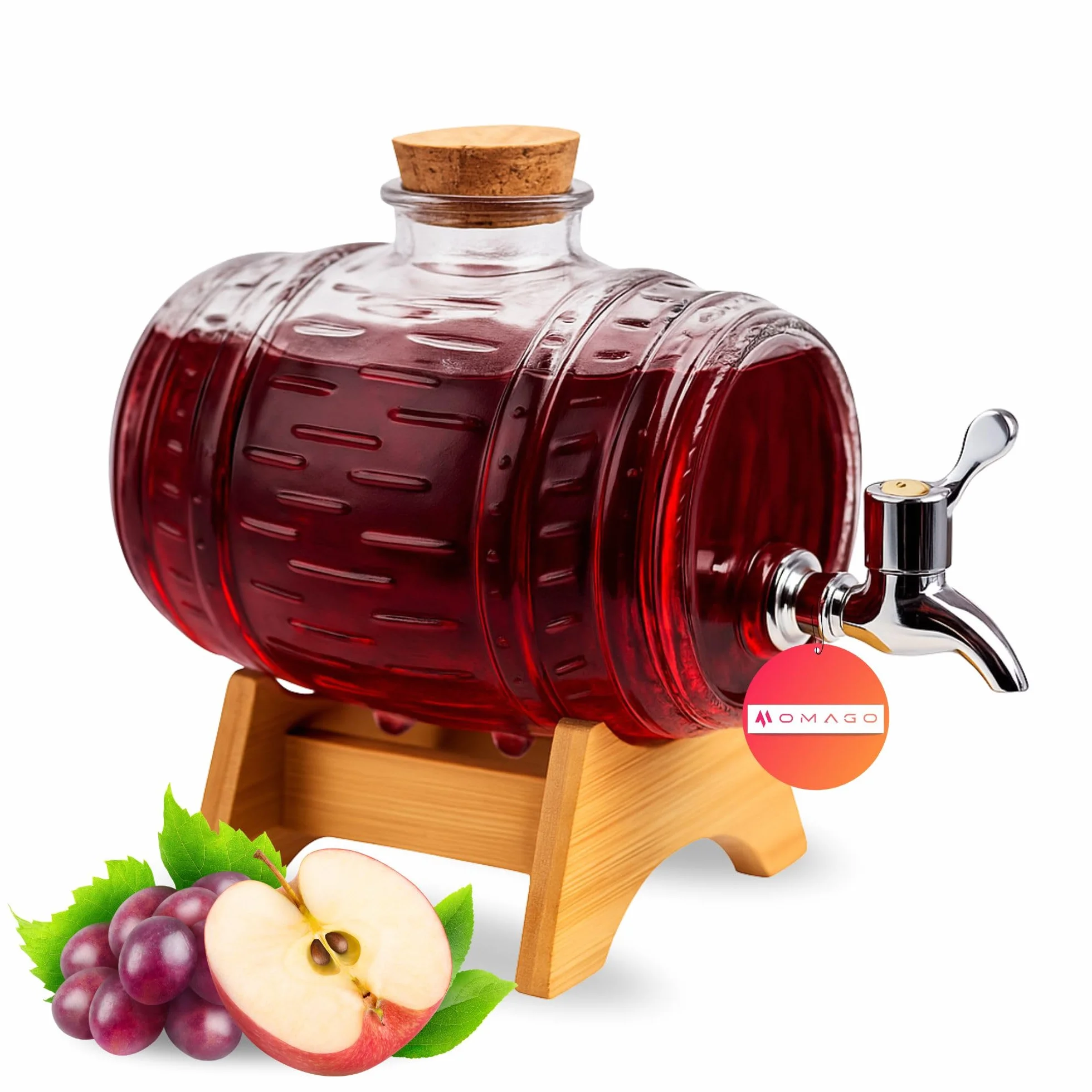 OMAGO® Szklana beczułka z kranikiem 1 L, dozownik napojów w kształcie beczki, karafka do whisky, brandy, wina, soków i lemoniady