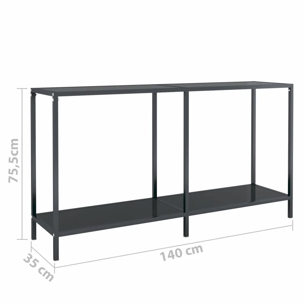 Czarny stolik konsolowy 140 x 35 x 75,5 cm ze szkła hartowanego i stali malowanej proszkowo, solidny stolik pomocniczy z półką do przechowywania, łatwy do czyszczenia