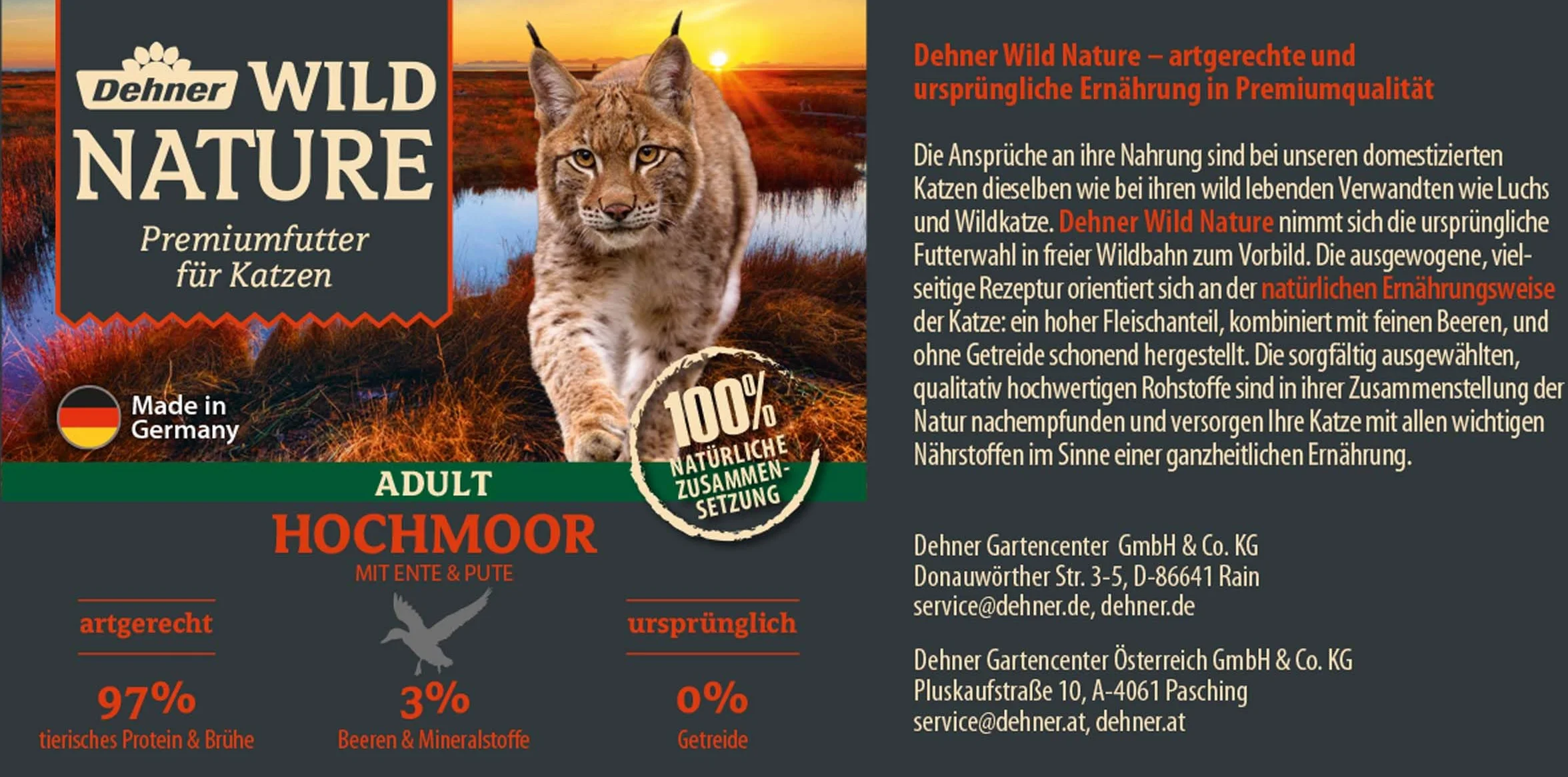 Dehner Wild Nature Karma dla kotów dorosłych, kogut, kaczka/indyk, 6 x 400 g (2,4 kg)