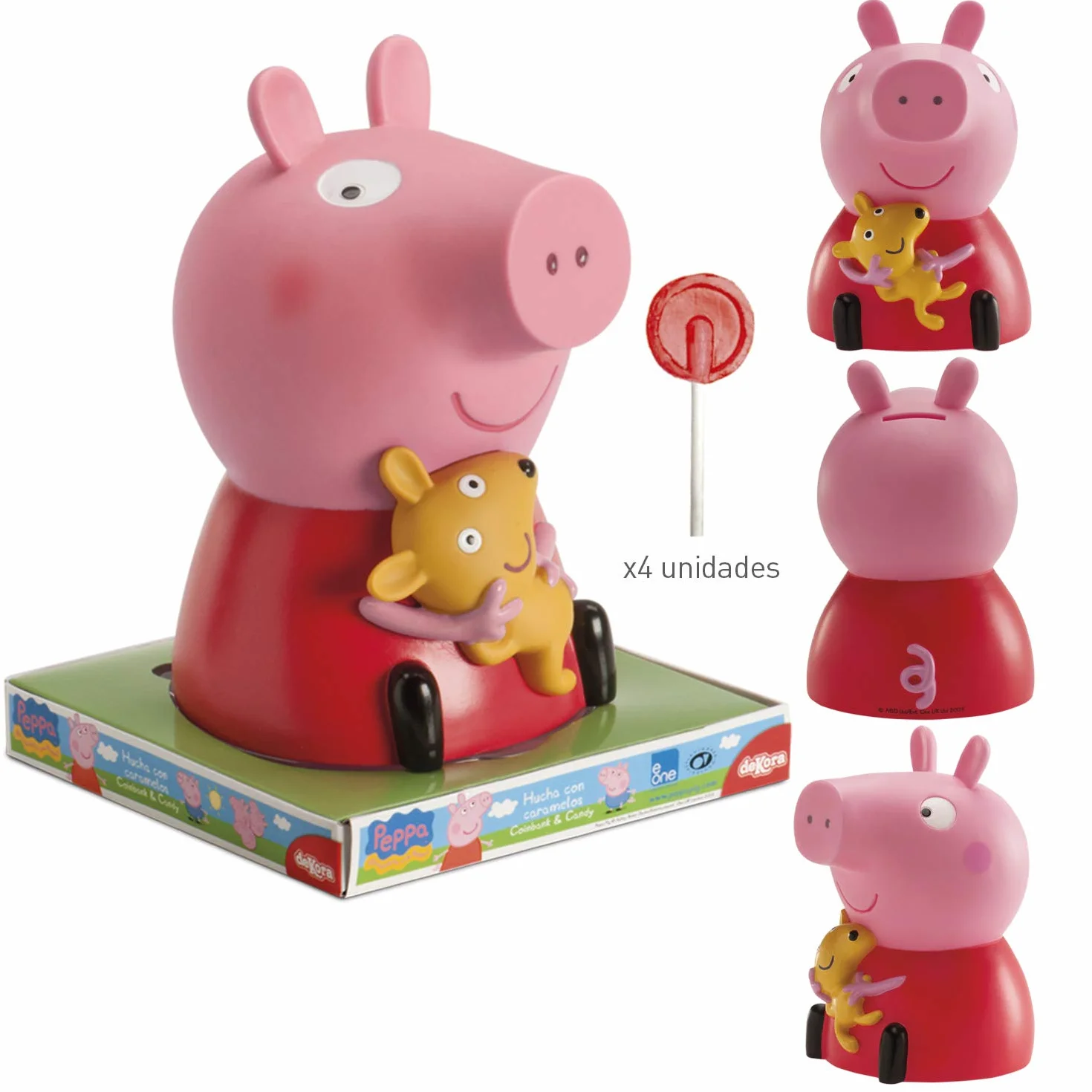 dekora – Skarbonka dla dzieci Peppa Pig – plastikowa skarbonka z 4 różowymi lizakami – 18 cm – trwała i bezpieczna – idealny prezent dla dziewczynek