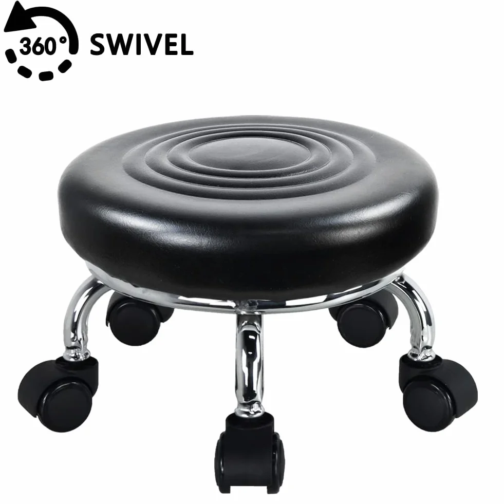 WKWKER Nowoczesne siedzisko rolkowe PU Leather Low Round Rolling Stool Skrętny mały stołek z uniwersalnymi kółkami do garażu domowego Sklep Fitness Sport, H: 21.3cm (czarny)