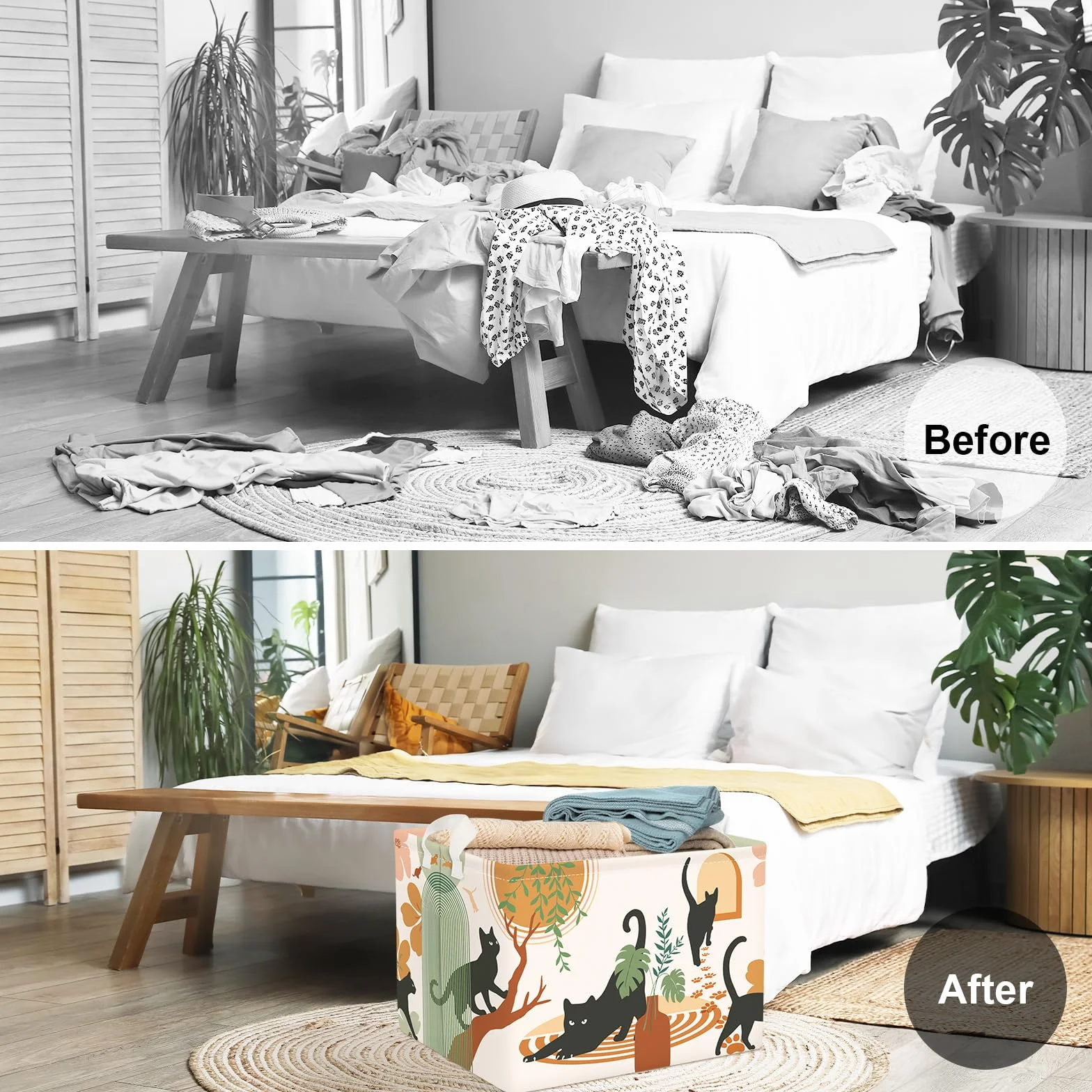 Clastyle Boho Tier Wäschekorb mit Henkel Składany Kosz na bieliznę z uchwytem dla dziewczynek, kobiet; do przechowywania ubrań i zabawek; do pokoju dziecięcego, łazienki, motyw kota, 40x30x30 cm