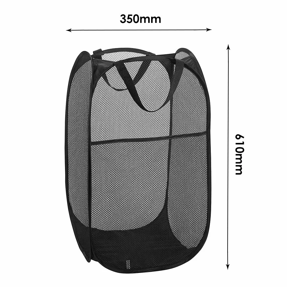 WD&CD Kosz na pranie [Zestaw 2 sztuk] Składane kosze na bieliznę Pop Up Mesh, torba na pranie, składany kosz na pranie z uchwytem, czarny
