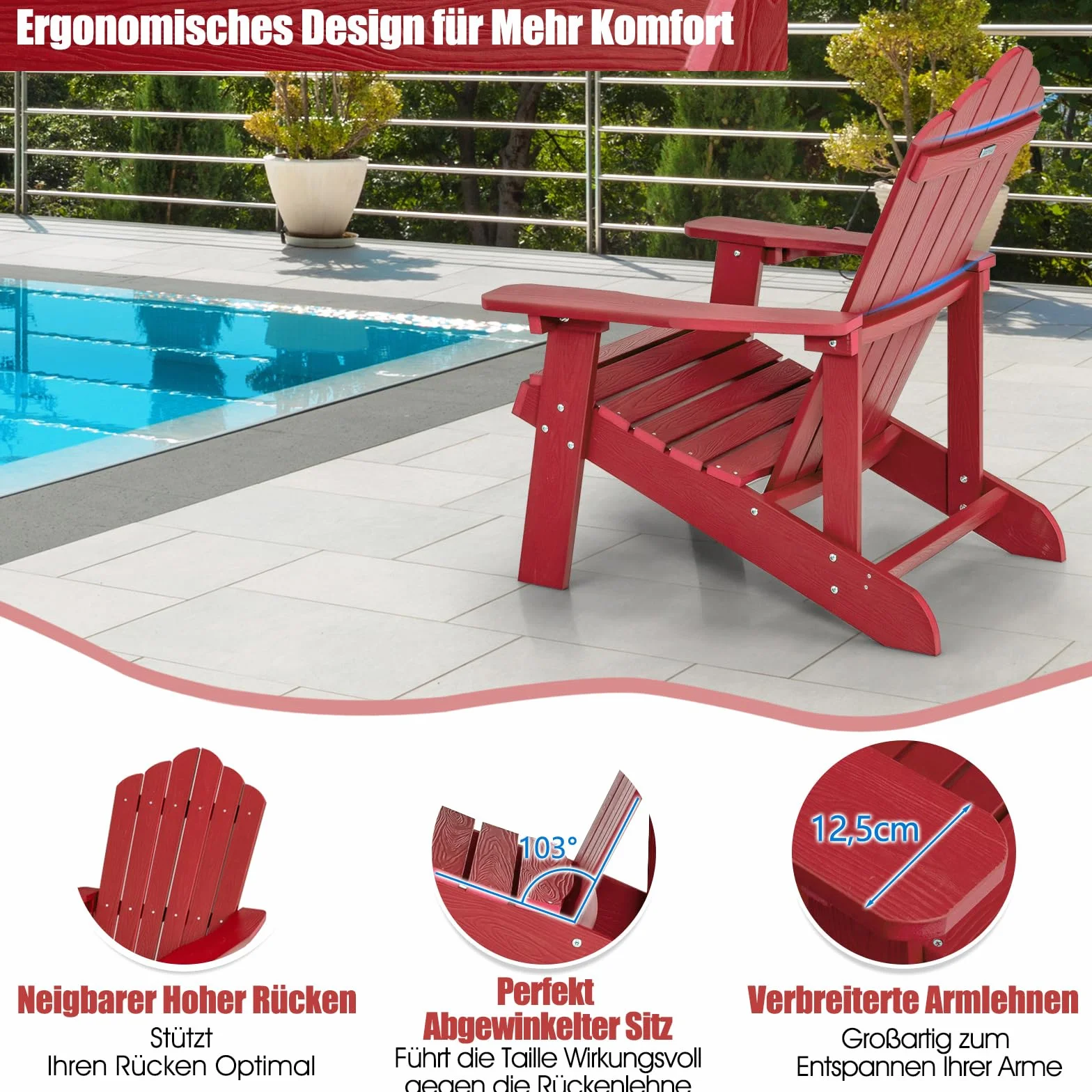 COSTWAY Adirondack krzesło z uchwytem na napoje, odporne na warunki atmosferyczne, krzesło ogrodowe z tworzywa sztucznego, krzesło outdoorowe do ogrodu, na taras, nośność 170 kg (czerwone)