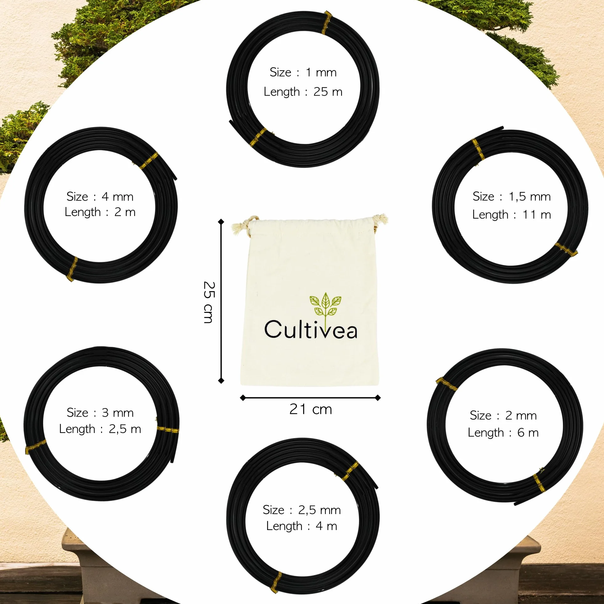 CULTIVEA® Drut bonsai, 6 rolek drutu aluminiowego, 1,0 mm/1,5 mm/2,0 mm/2,5 mm/3,0 mm/4,0 mm, ochrona przed korozją, bonsai, narzędzia ogrodnicze, drzewa, bonsai