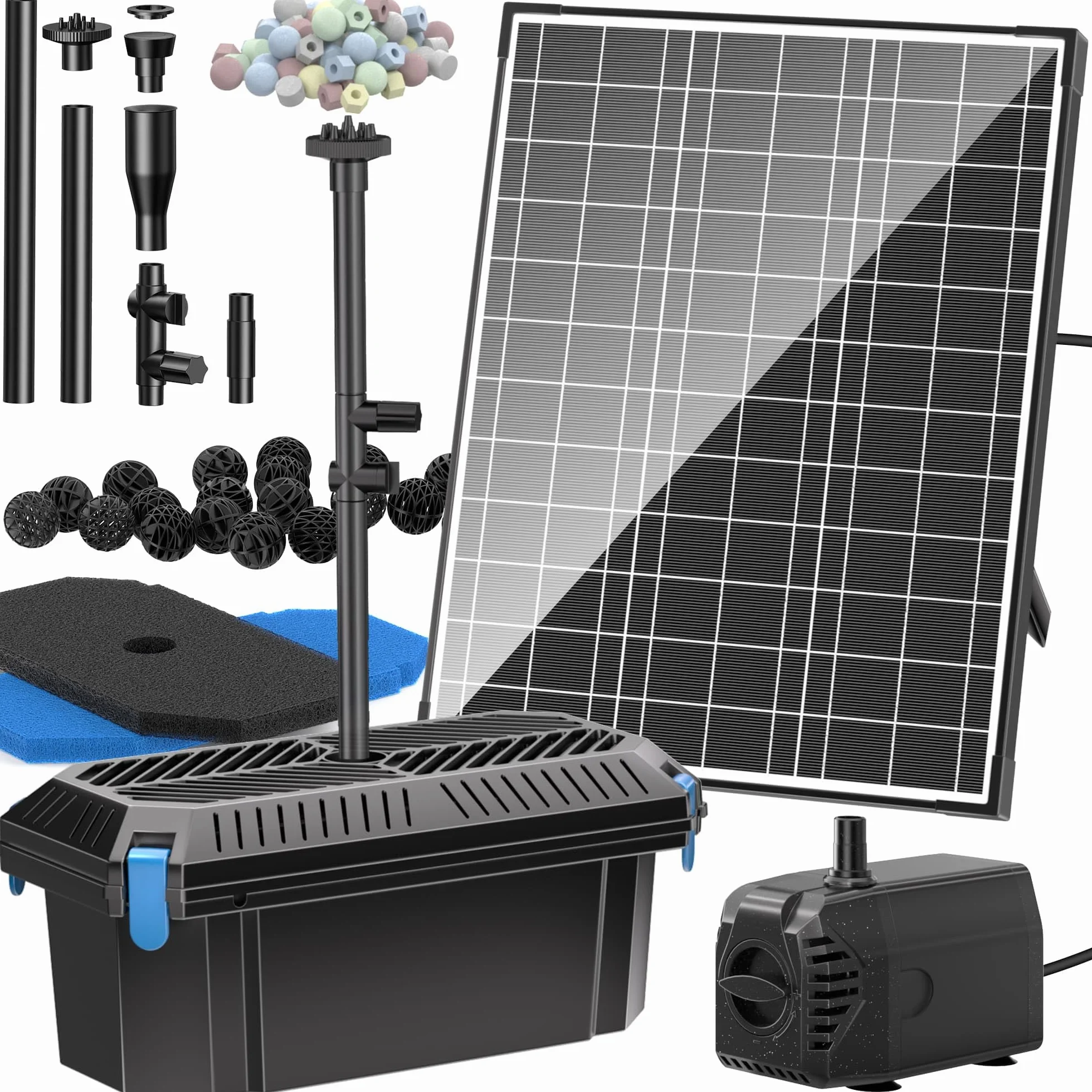 Biling Solarny filtr do stawu 20 W, zestaw 875 l/h, pompa z 4 dyszami i regulatorem przepływu, kabel 5 m, do stawu ogrodowego, fontanny, mały staw rybny, do zabawy na zewnątrz, przyjazny dla