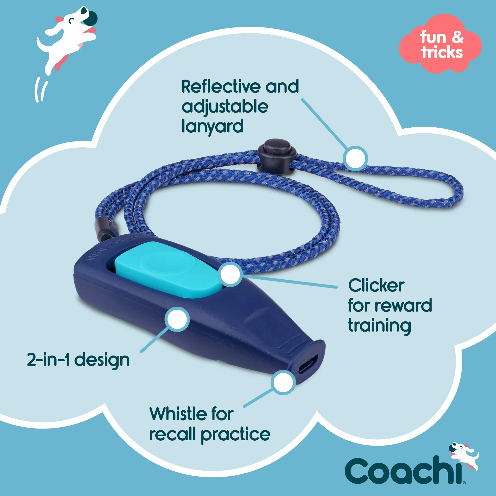 Coachi Whizzclick, 2-in-1 Combined Clicker and Whistle, Dog Training Whistle for Recall and Clicker Training for Rewarding, Adjustable and Reflective Lanyard, Suitable for Dogs and Puppies