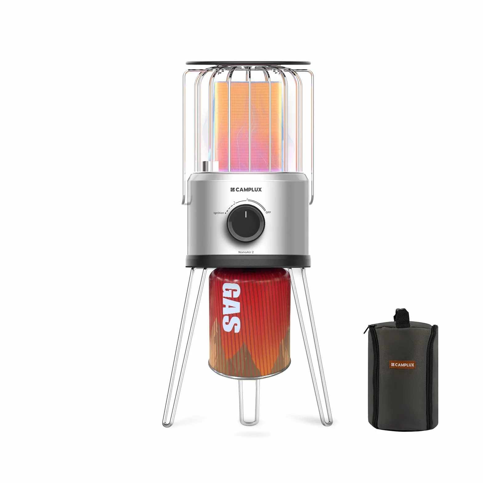 CAMPLUX Nano Przenośny Ogrzewacz Gazowy, 2,34 kW, 2 Poziomy, Ogrzewanie 360° na Zewnątrz, Ochrona ODS & Przed Przewróceniem, Idealny do Kempingu, Wędkarstwa & Ogrodu, NanoAir 2