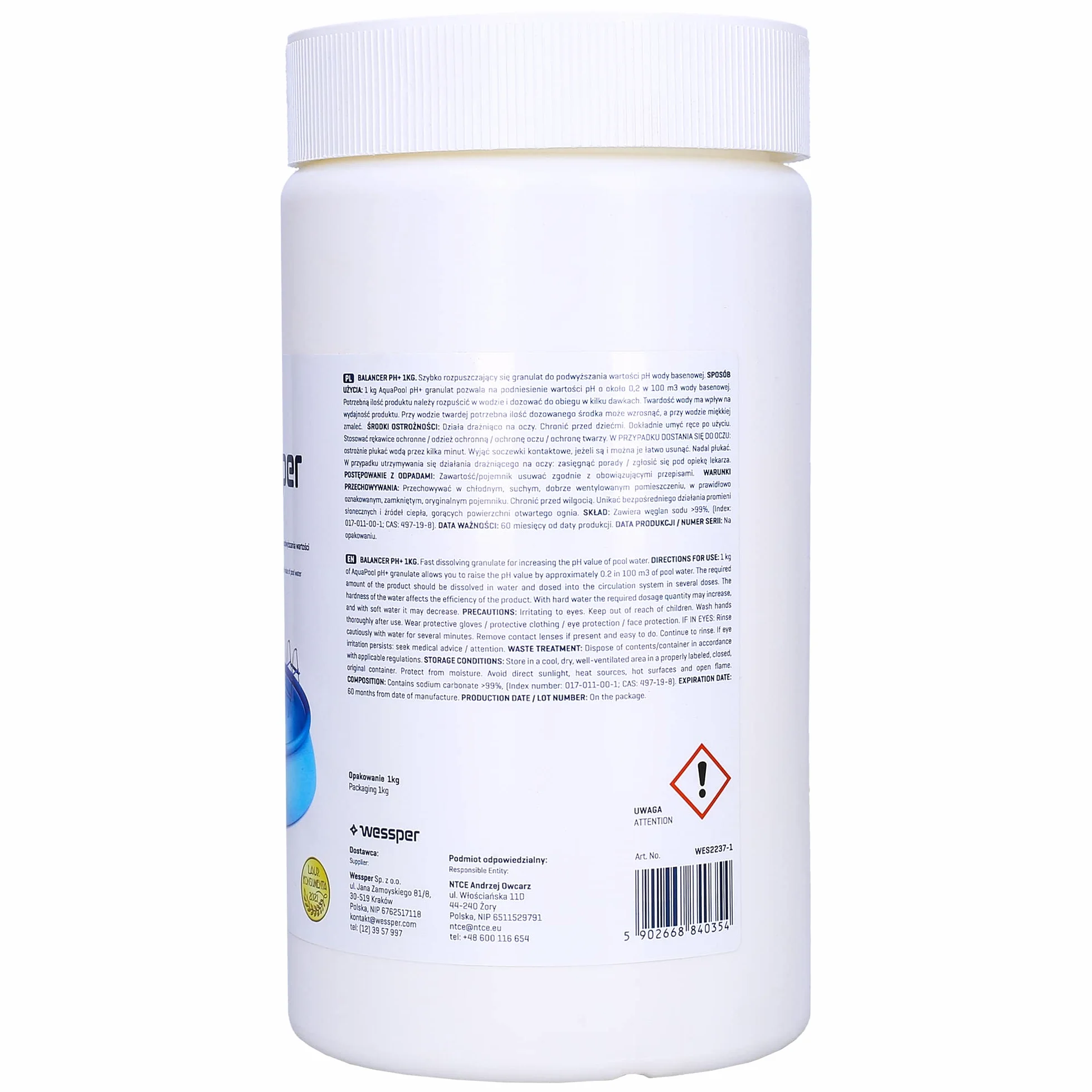 Wessper BALANCER pH+ plus 1 kg do podwyższania pH wody basen