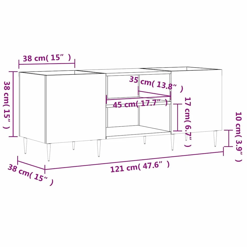 Szara szafka panelowa 121 x 38 x 48 cm, materiał drewnopochodny z żelaznymi nogami, do winylu, płyt LP, kolekcji muzyki, szafki pod telewizor, kredens, schowek, zarządzania kablami, salonu