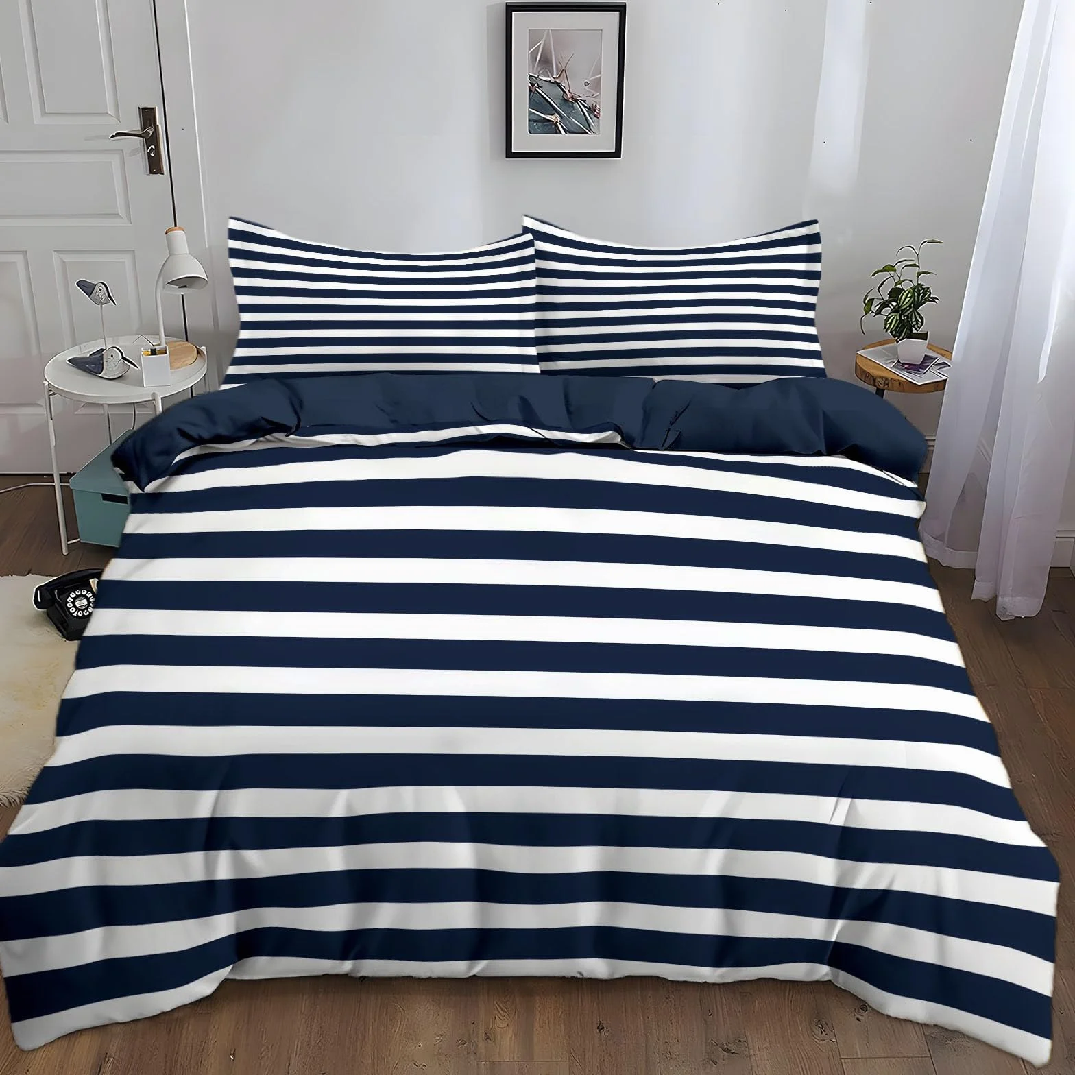 Pojedyncza poszwa na kołdrę Granatowe Paski Wzór Dwustronna poszwa na kołdrę 240x260 cm Ciemnoniebieska Poszwa na kołdrę z mikrofibry Zestaw pościeli z nadrukiem z poszewką na poduszkę 65x65cm