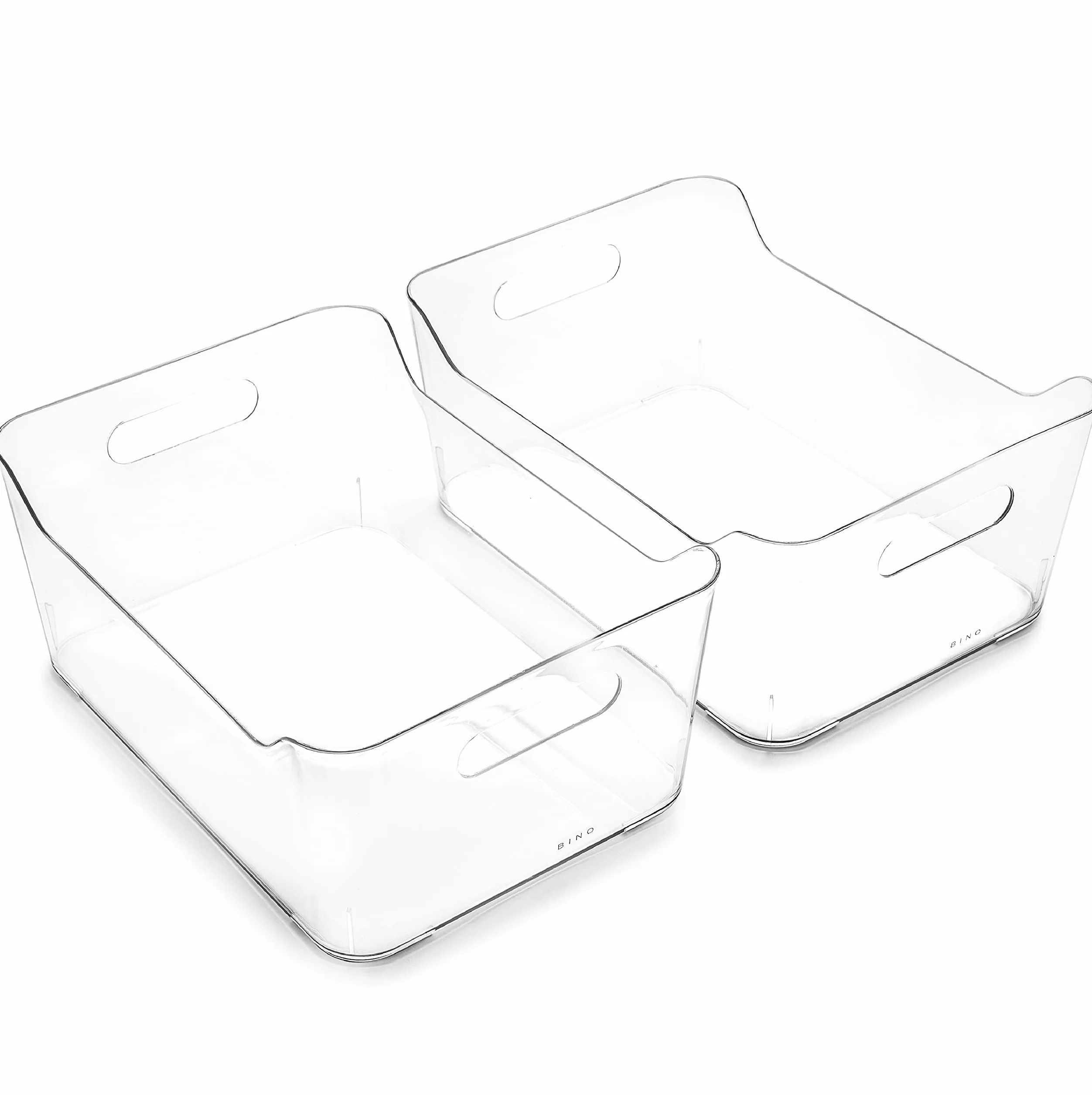 BINO Przezroczysty plastikowy kosz do przechowywania z uchwytami, plastikowe pojemniki do przechowywania w kuchni, szafce i spiżarni, organizery i przechowywanie w domu, lodówka i zamrażarka, 2 szt.,