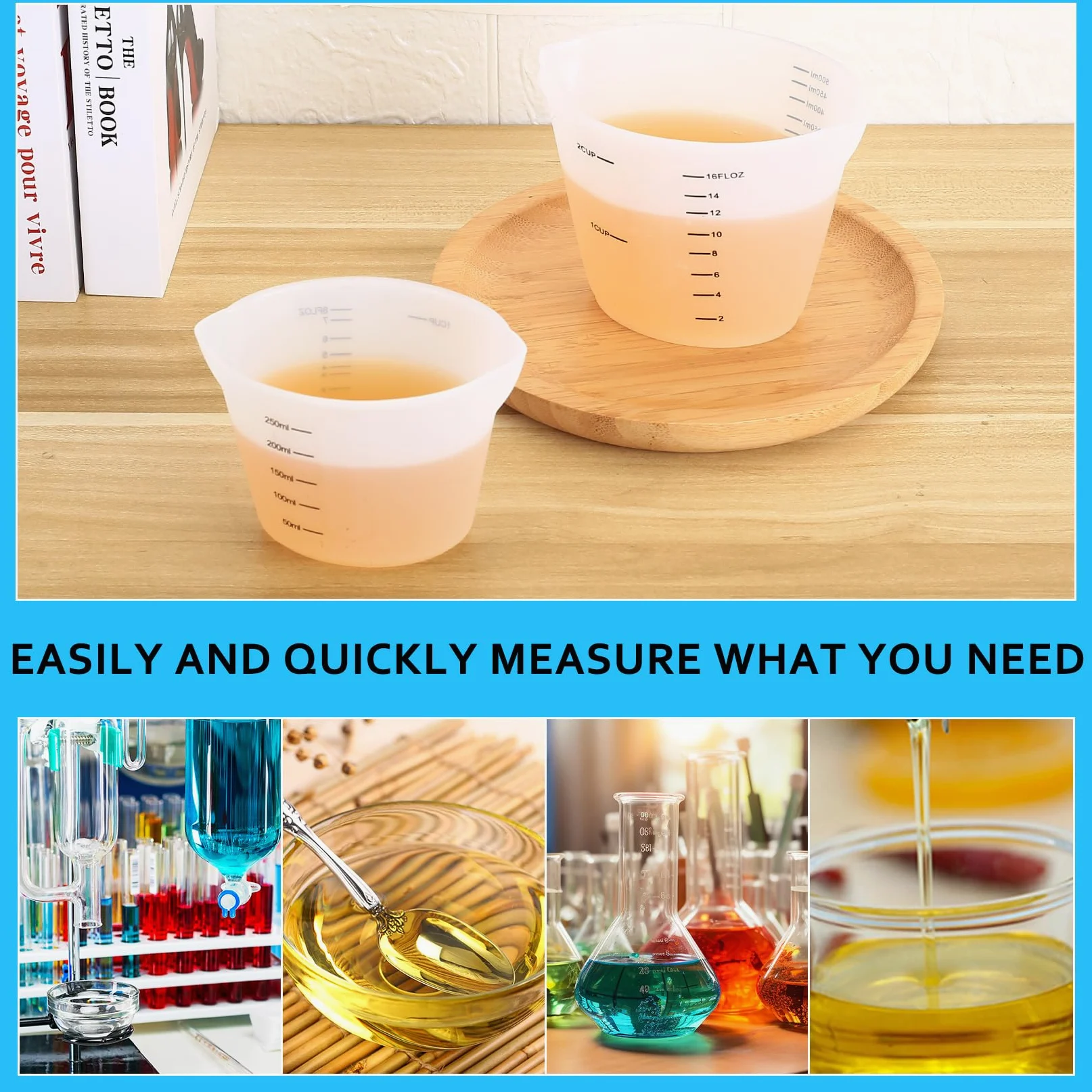 7 silikonowych kubków miarowych do wylewania, 100 ml 250 ml 500 ml, zestaw kubków silikonowych do żywicy epoksydowej, DIY, laboratorium, kuchni, w tym 3 miarki i akcesoria