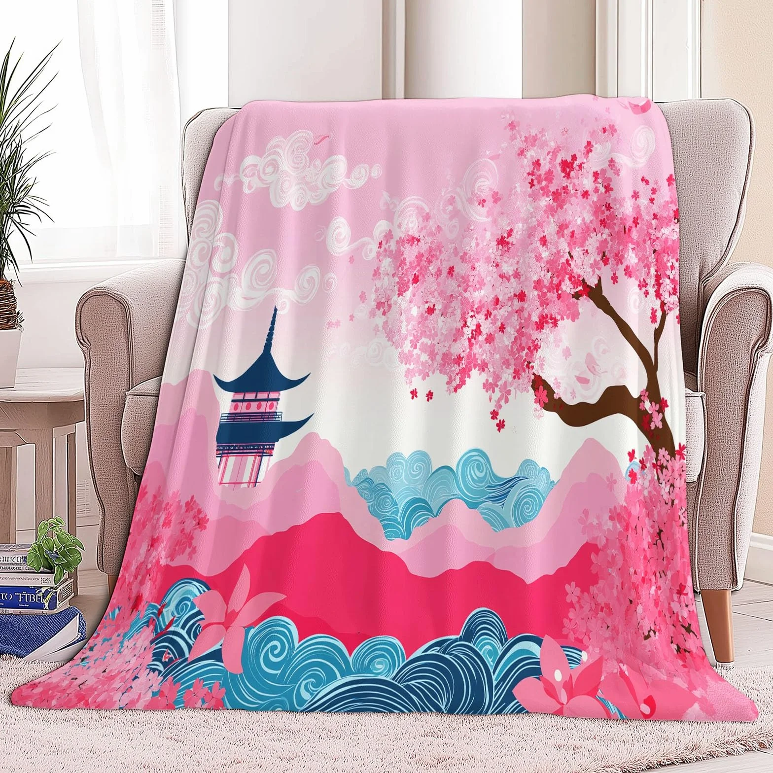 Flanelowy koc polarowy Rośliny Kwiaty Wiśni Elegancja Polar Pled, narzuta na sofę Wygodny podwójny koc na łóżko 2-osobowy koc zimowy w kratę, 220 x 240 cm różowy