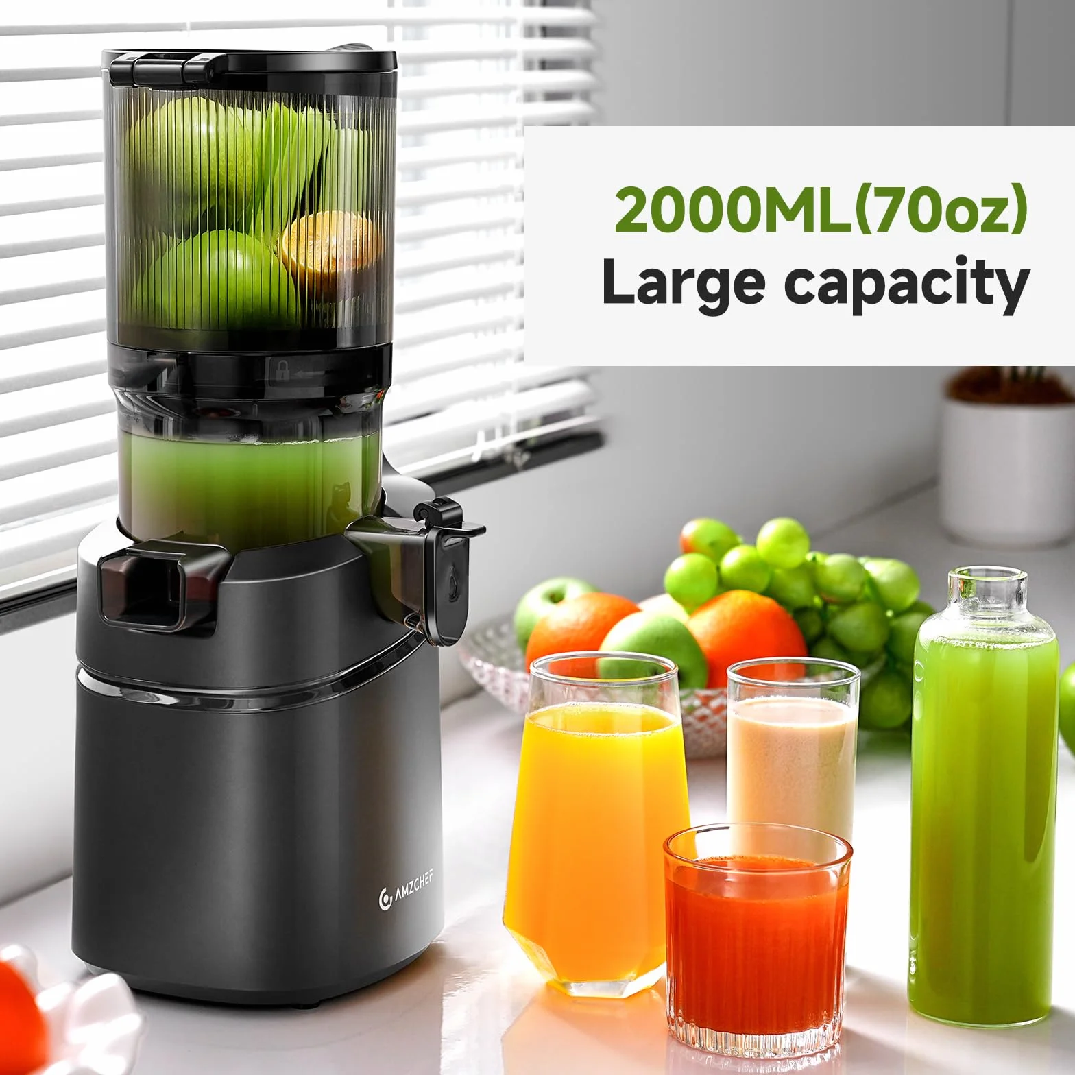 AMZCHEF 250 W automatyczna sokowirówka All-In-One, otwór 135 mm i 1,8 l sokowirówka do warzyw i owoców, zwycięzca testu z potrójnym filtrem, czarna