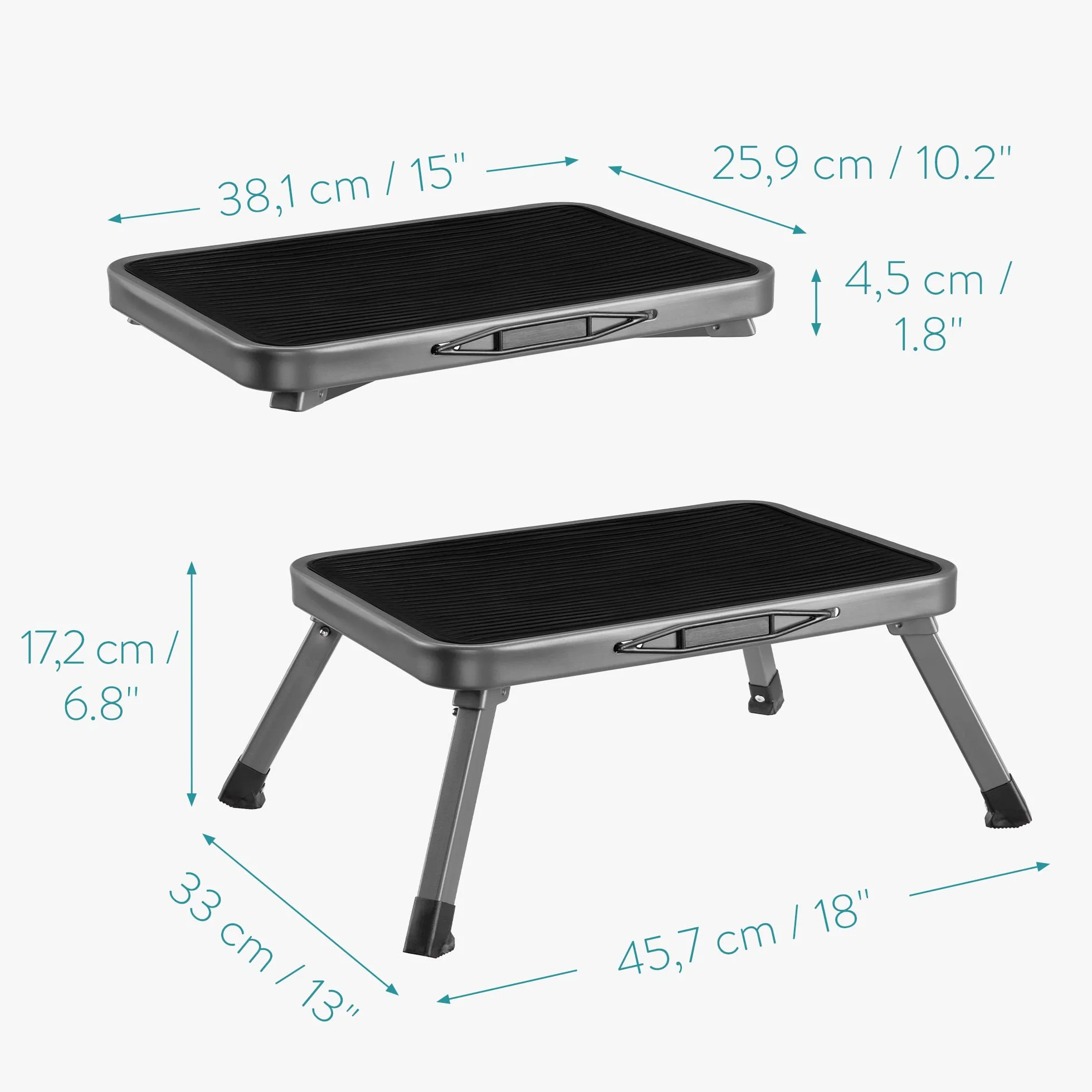 Navaris Składany taboret ze stali – 45,7 x 33 x 17,2 cm – antypoślizgowa powierzchnia – składany taboret – podnóżek – szary