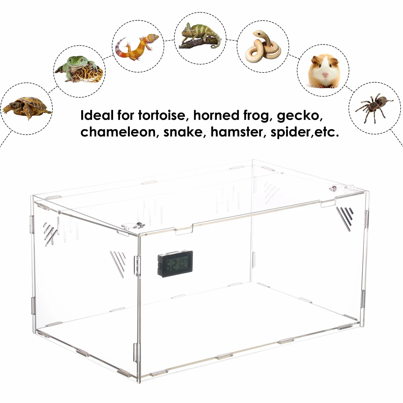 Zbiornik na gady, terrarium z higrometrem temperaturowym, przezroczyste, akrylowe pudełko do hodowli gadów, odpowiednie dla rogatej żaby, gekona, kameleona, węża, chomika, pająka