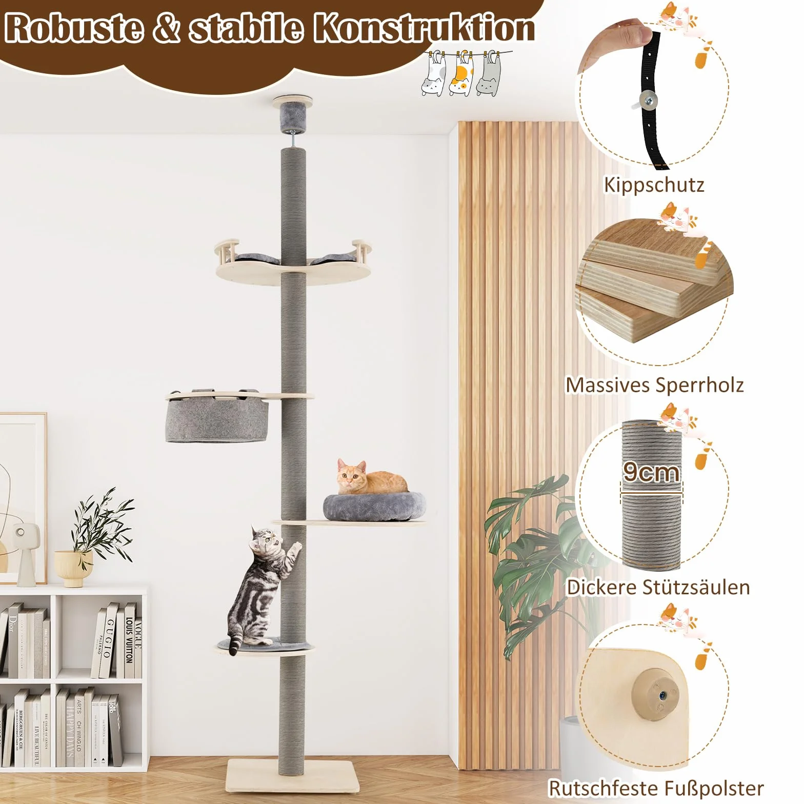 COSTWAY Drapak dla kota do sufitu 236-271 cm 5-piętrowy z hamakiem i platformami