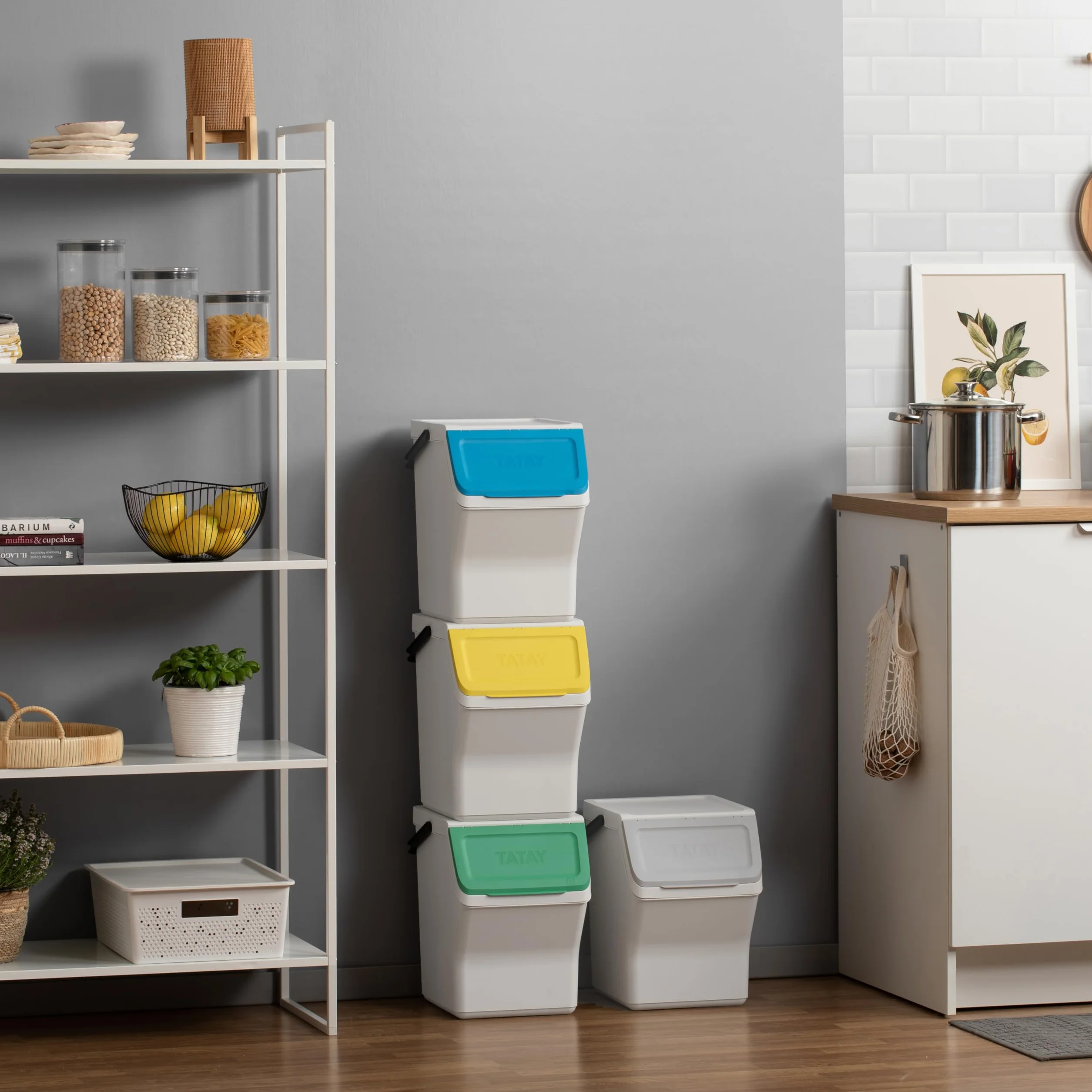TATAY Praktyczny 4 Koszy do Segregacji Easy Waste 20 L, 35x27x36 cm | Pokrywa Kosza | Modułowe Sztaplowane | Pokrywa z Systemem Click | Wbudowany Uchwyt | Wygodna Obsługa, Białe