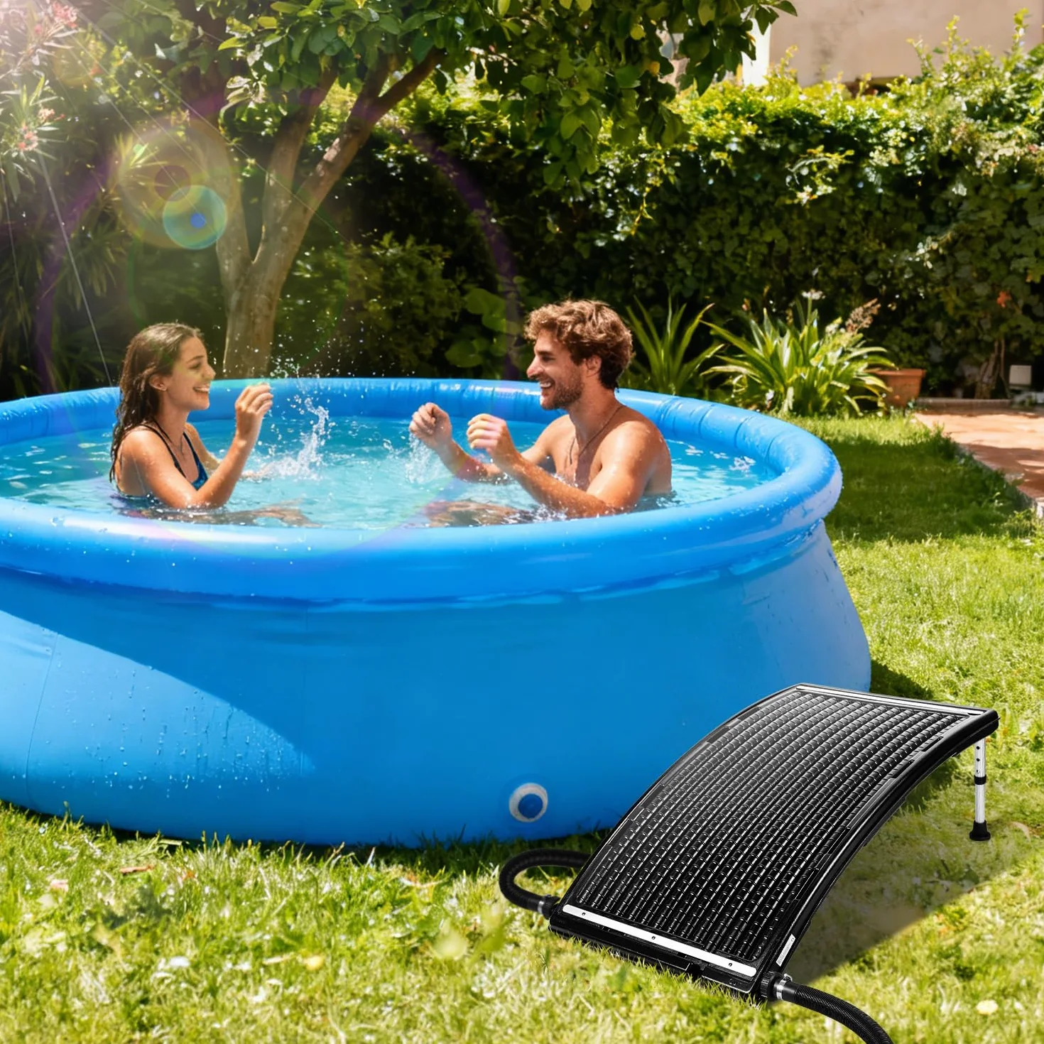 Solarne ogrzewanie basenu, kolektor solarny 110 x 65 x 35 cm, z regulacją wysokości, 10 000 l/h, przyłącze 38 mm, możliwość rozszerzenia, do ciepłej wody, prysznica ogrodowego, basenu