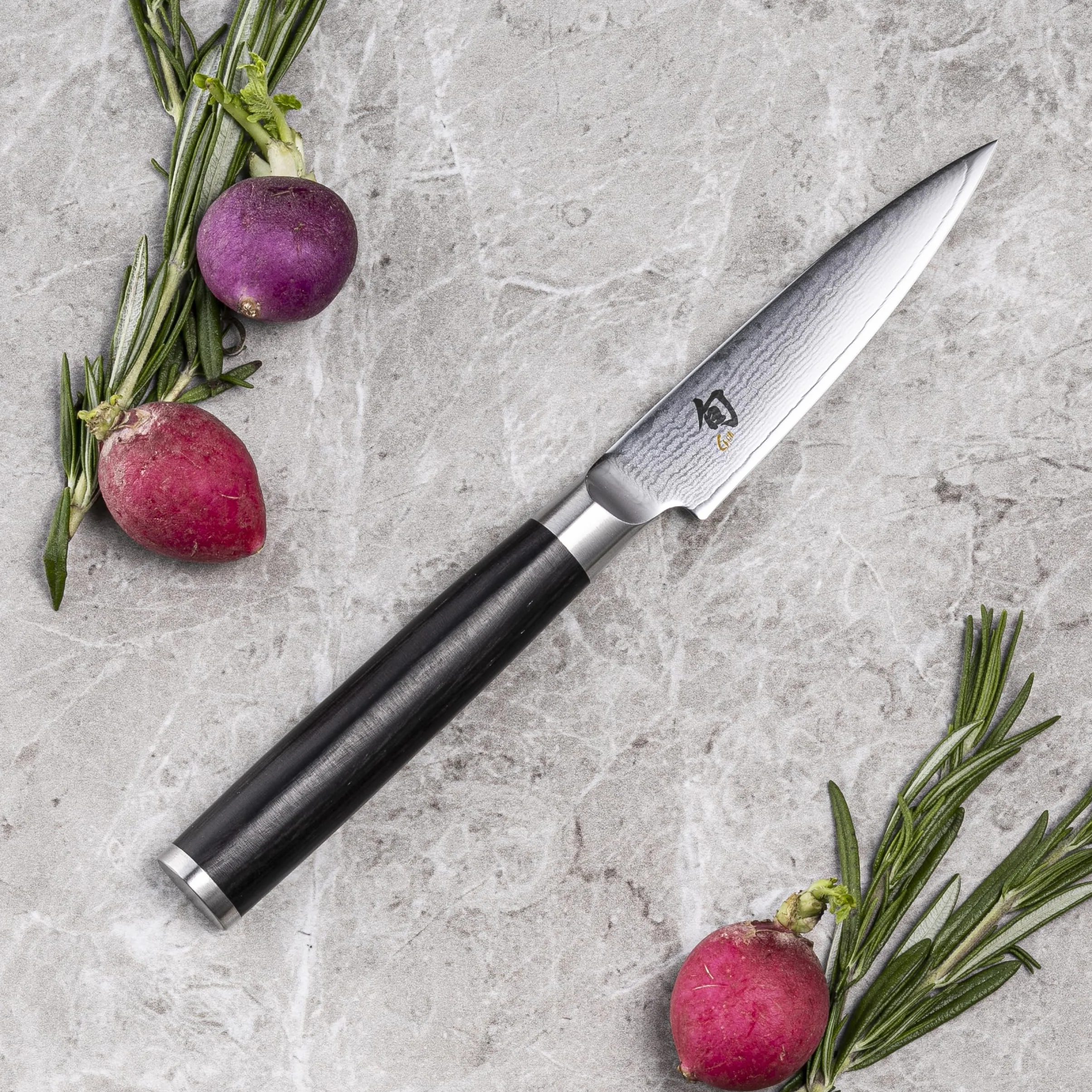 KAI Shun Classic japoński nóż biurowy 9 cm, długość ostrza, 32-warstwowy nóż damasceński VG MAX - 61 (±1) HRC - rękojeść pakkawood, wyprodukowany w Japonii, kuty nóż do warzyw