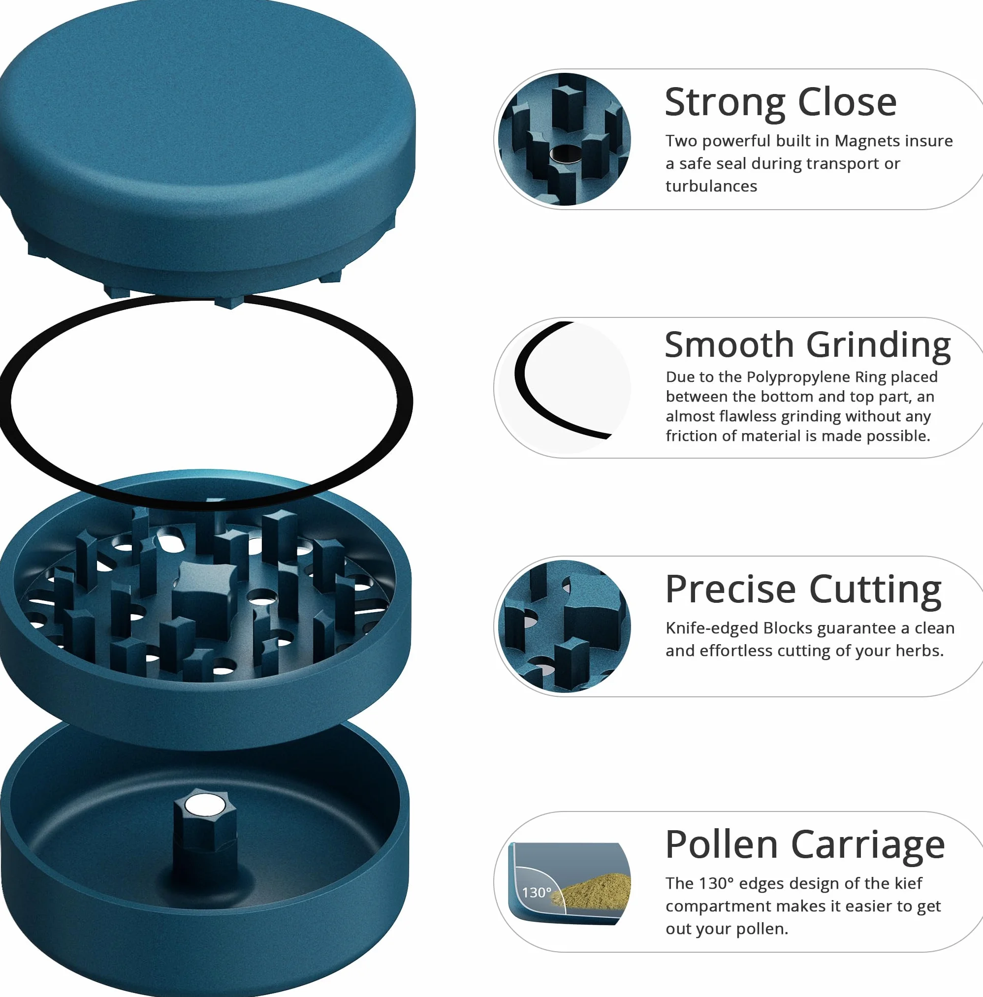 Ceramiczny młynek do ziół bez przyczepności, 3-częściowy, powlekany nano-ceramiką, młynek do ziół z ostrym mechanizmem mielącym | Ø 62 mm | w zestawie skrobak do pyłków, pędzel i ustnik (zielony)