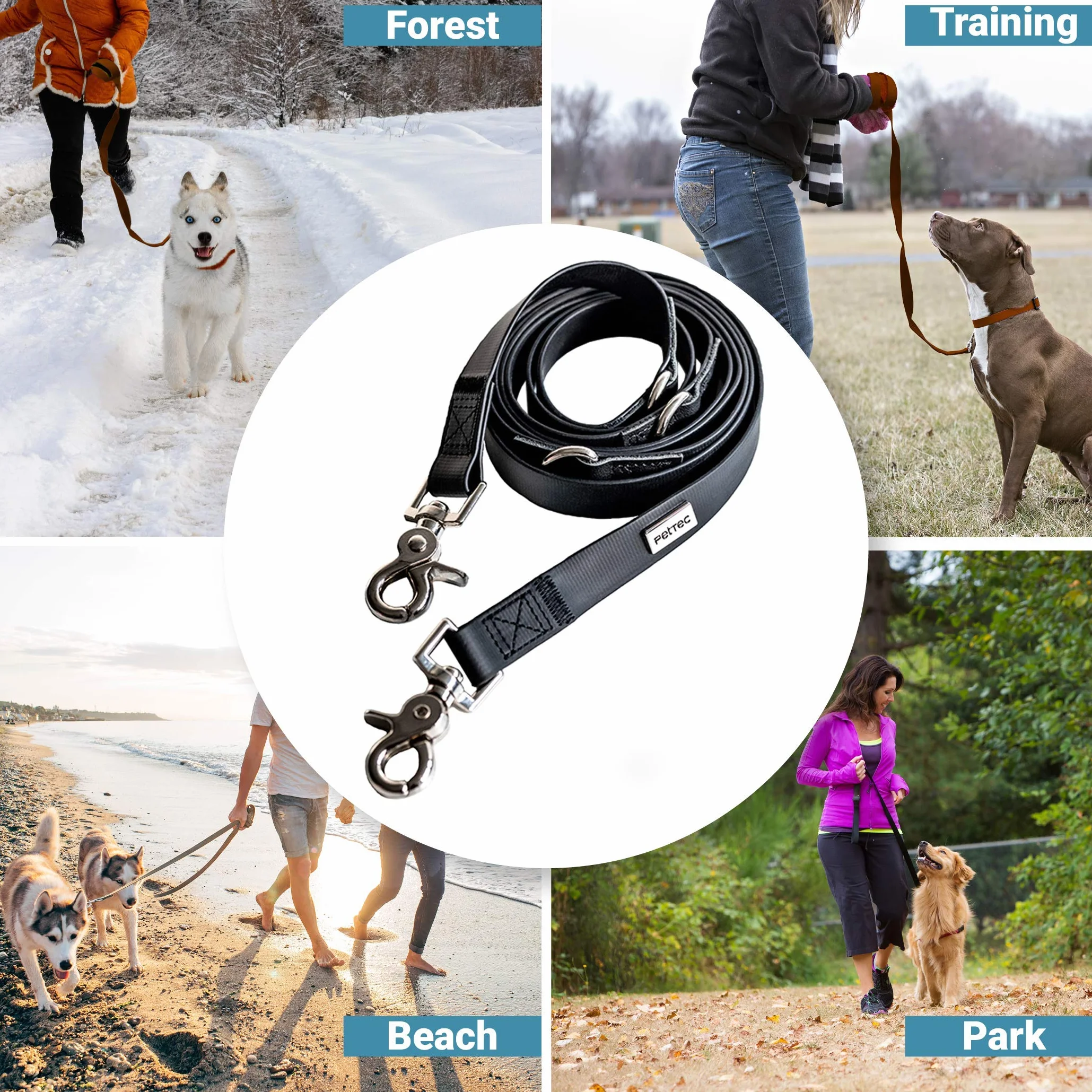 PetTec smycz dla psa 2m smycze dla psów do 60 kg, lekka smycz treningowa/smycz trekkingowa regulowana z TRIOFLEX (podobnne), wodoodporny, smycz dla psa (czarny)