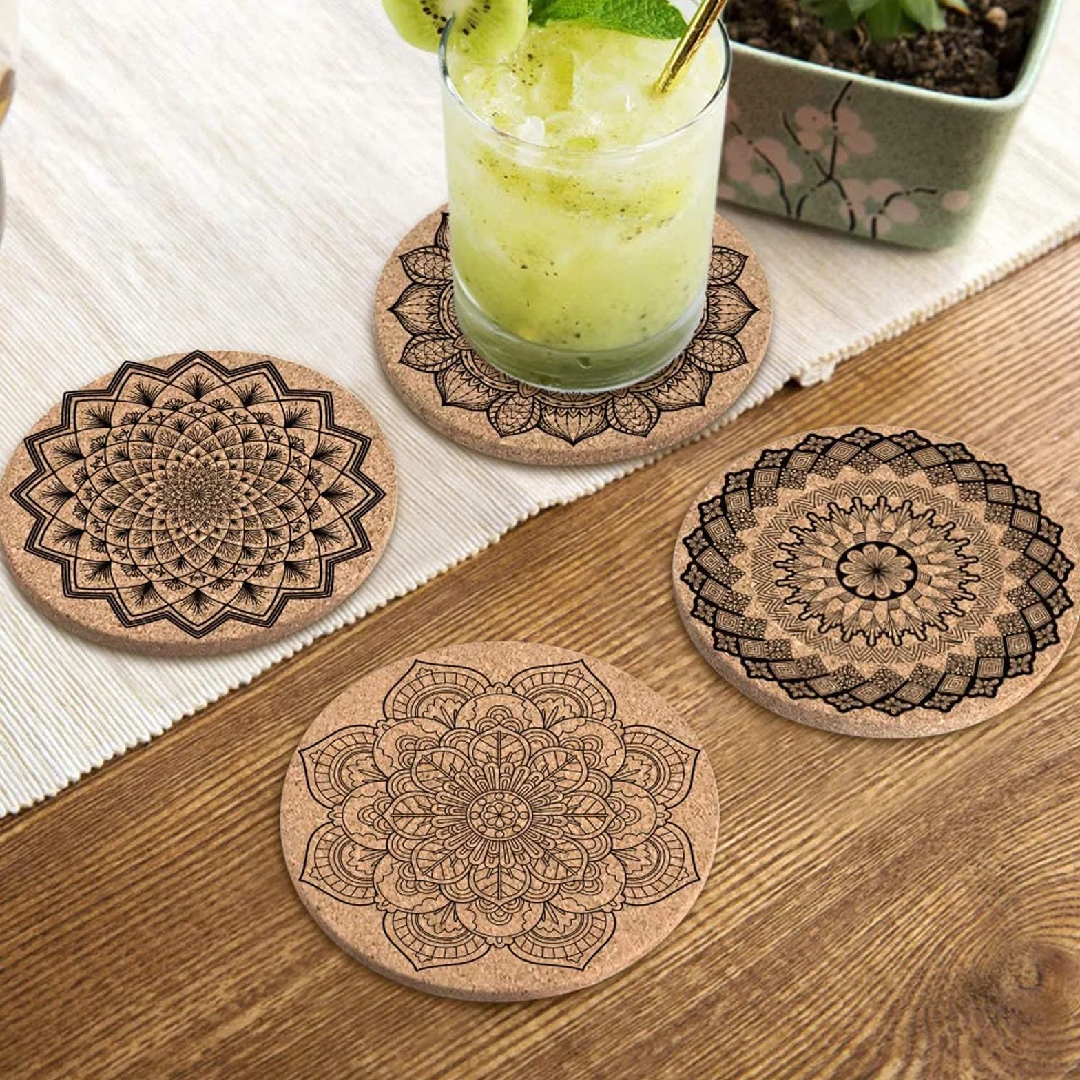 Podstawki z korka, 8 sztuk, drewniane, wielokrotnego użytku, okrągłe podstawki, wielokrotnego użytku, chłonne podstawki, do domu, restauracji, biura i baru