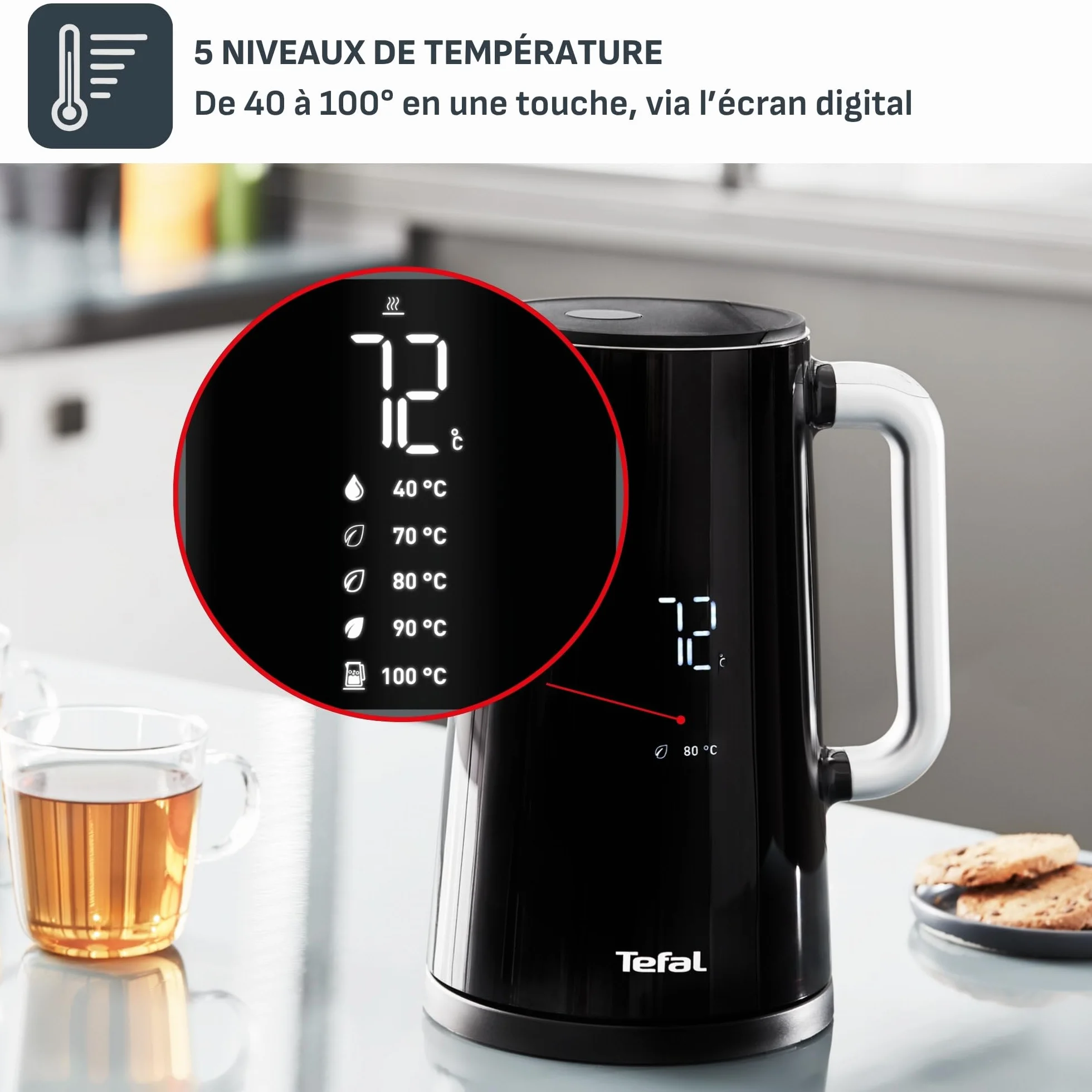 Tefal KO8508 Smart & Light Czajnik Elektryczny pojemność 1.7 l, cyfrowy wyświetlacz, opcje wyboru temperatury wody