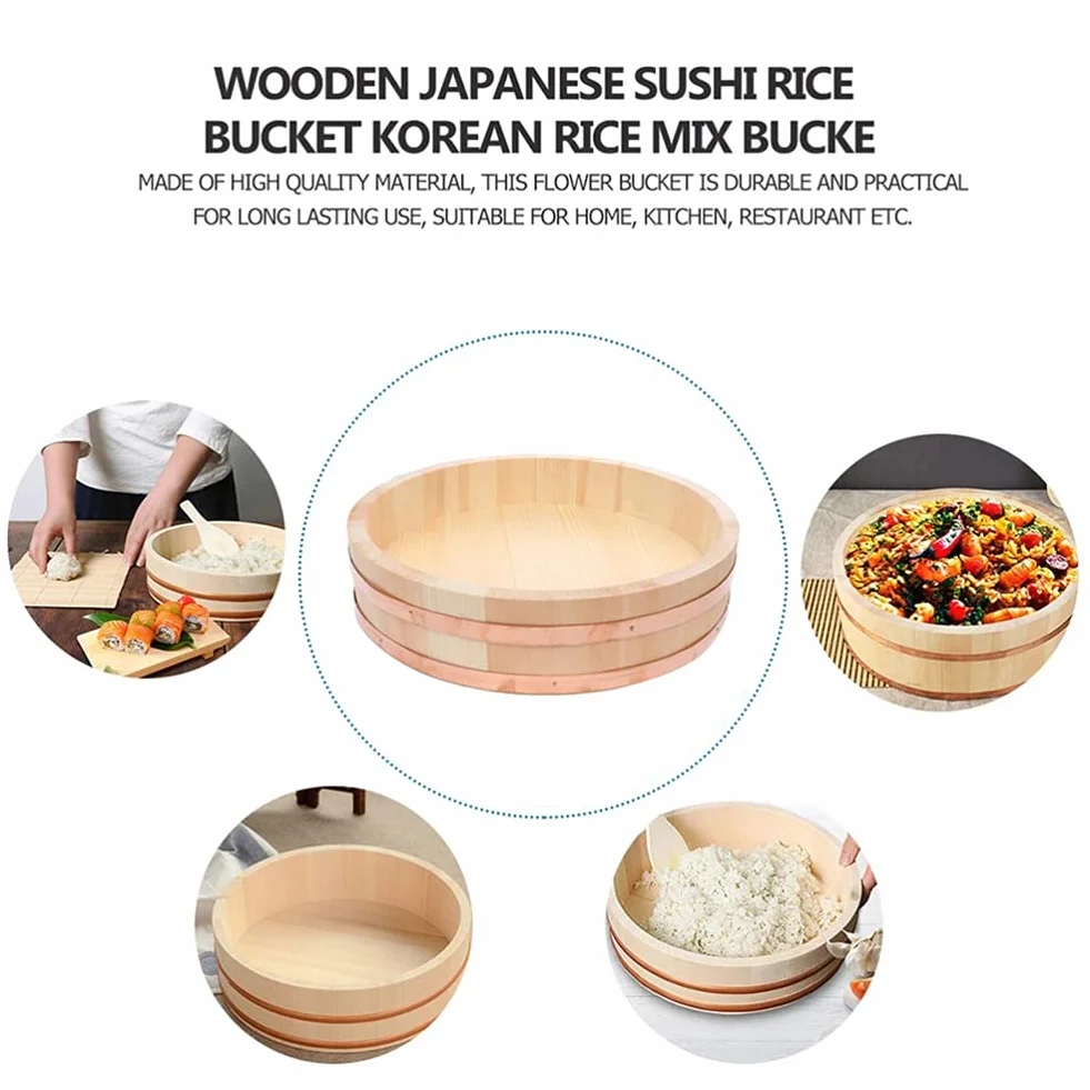 Adima Japońska drewniana Hangiri sushi miska do mieszania ryżu z miedzianą opaską sushi oke biała sosna drewno do sushi restauracji domu kuchni 12 rozmiarów, 27 x 7,5 cm