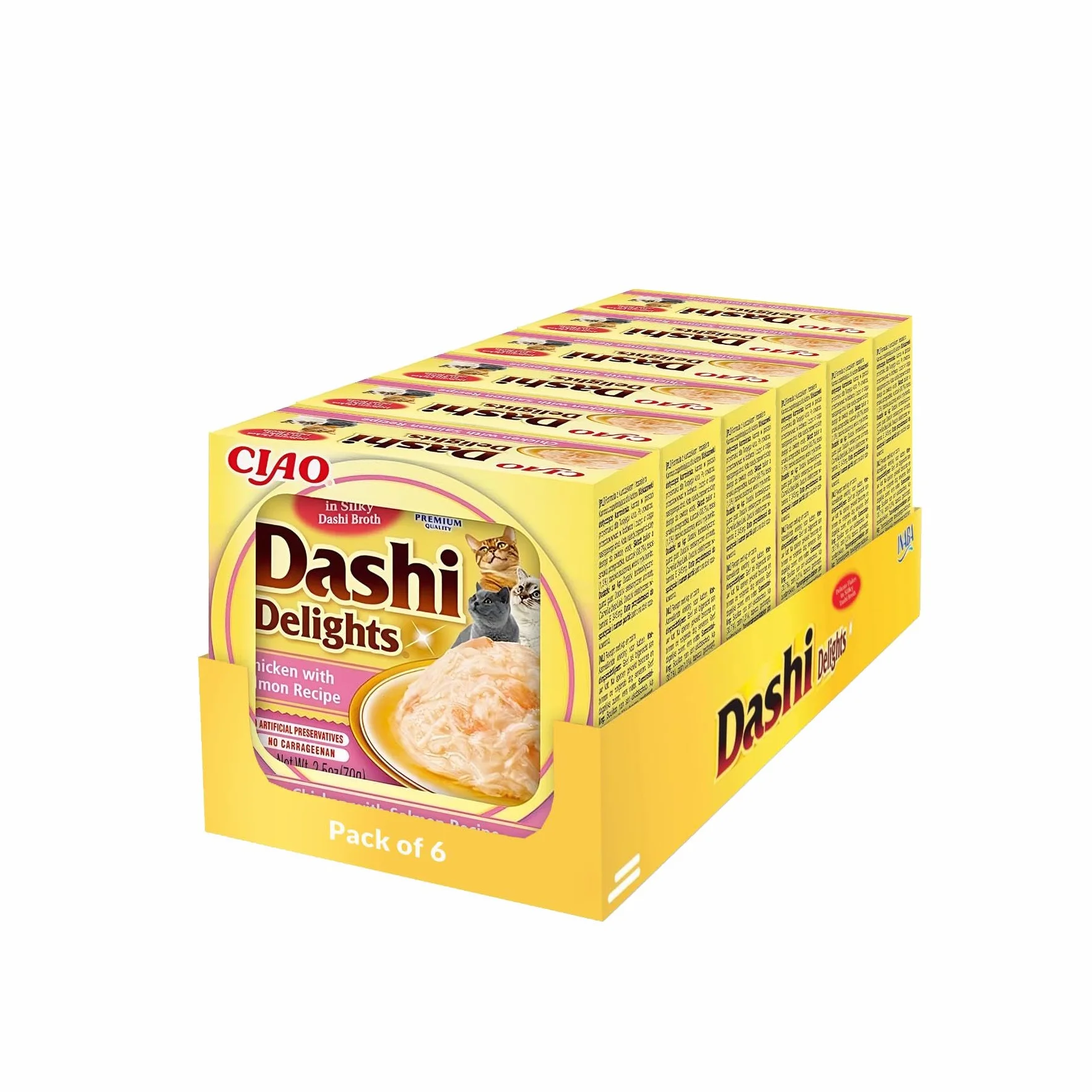 INABA Dashi Delights - Kawałki w ładnym bulionie z płatkami z kurczakiem - Pyszne i zdrowe - Topping - Wysoka zawartość białka - Naturalne składniki - Karma dla kotów - 6 x 70g