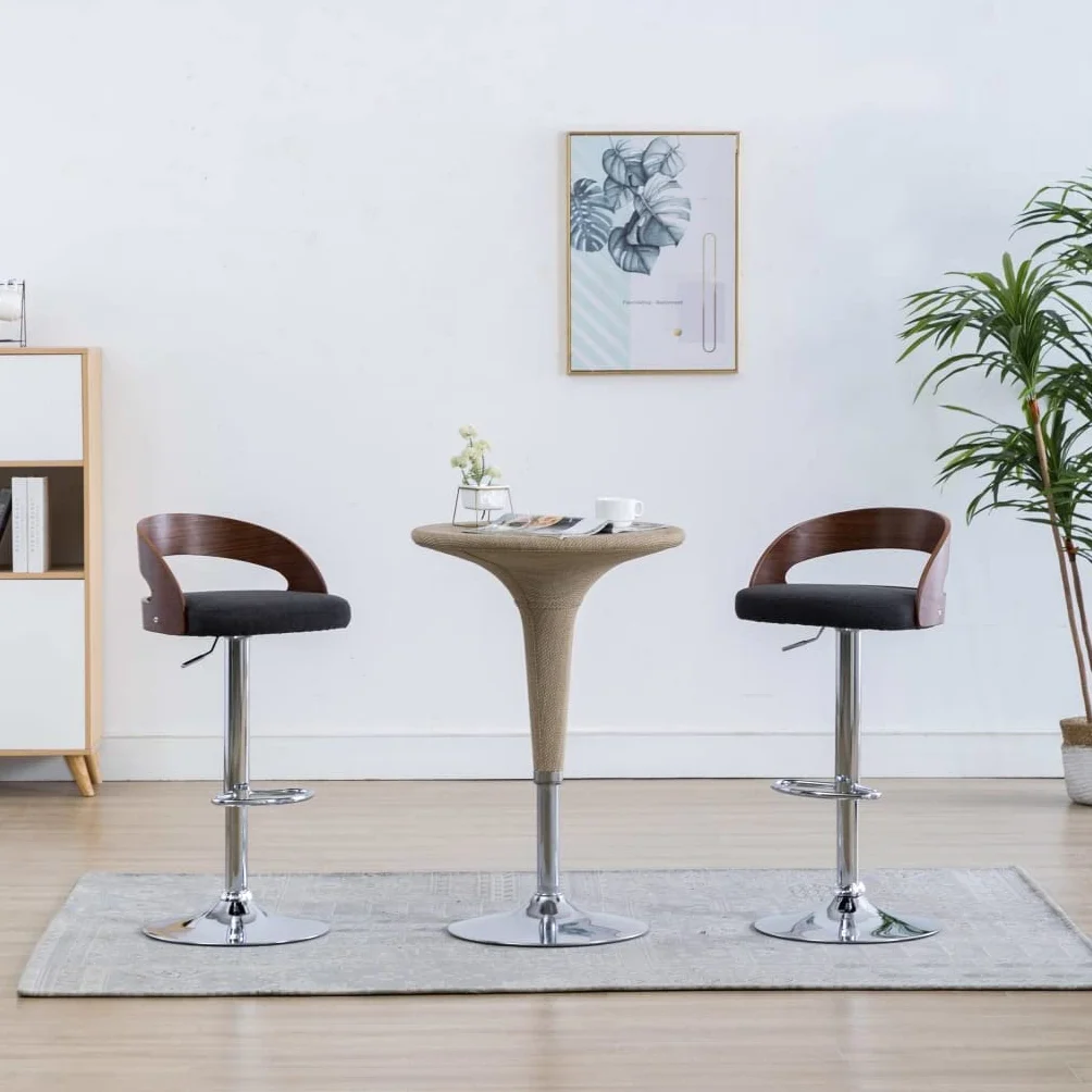 Zestaw 2 stołków barowych, ciemnoszare, krzesła z tkaniny i zakrzywionego drewna, regulowana wysokość z podnóżkiem, wytrzymała metalowa rama, nowoczesny design do kuchni lub pokoju