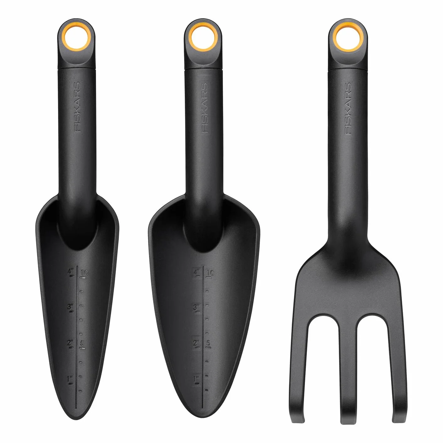 Fiskars Zestaw narzędzi ogrodniczych, 3-częściowy, grabie do kwiatów, łopatka do kwiatów i łopatka do sadzenia, tworzywo sztuczne FiberComp z włóknem szklanym, 65% z recyklingu, czarny/pomarańczowy