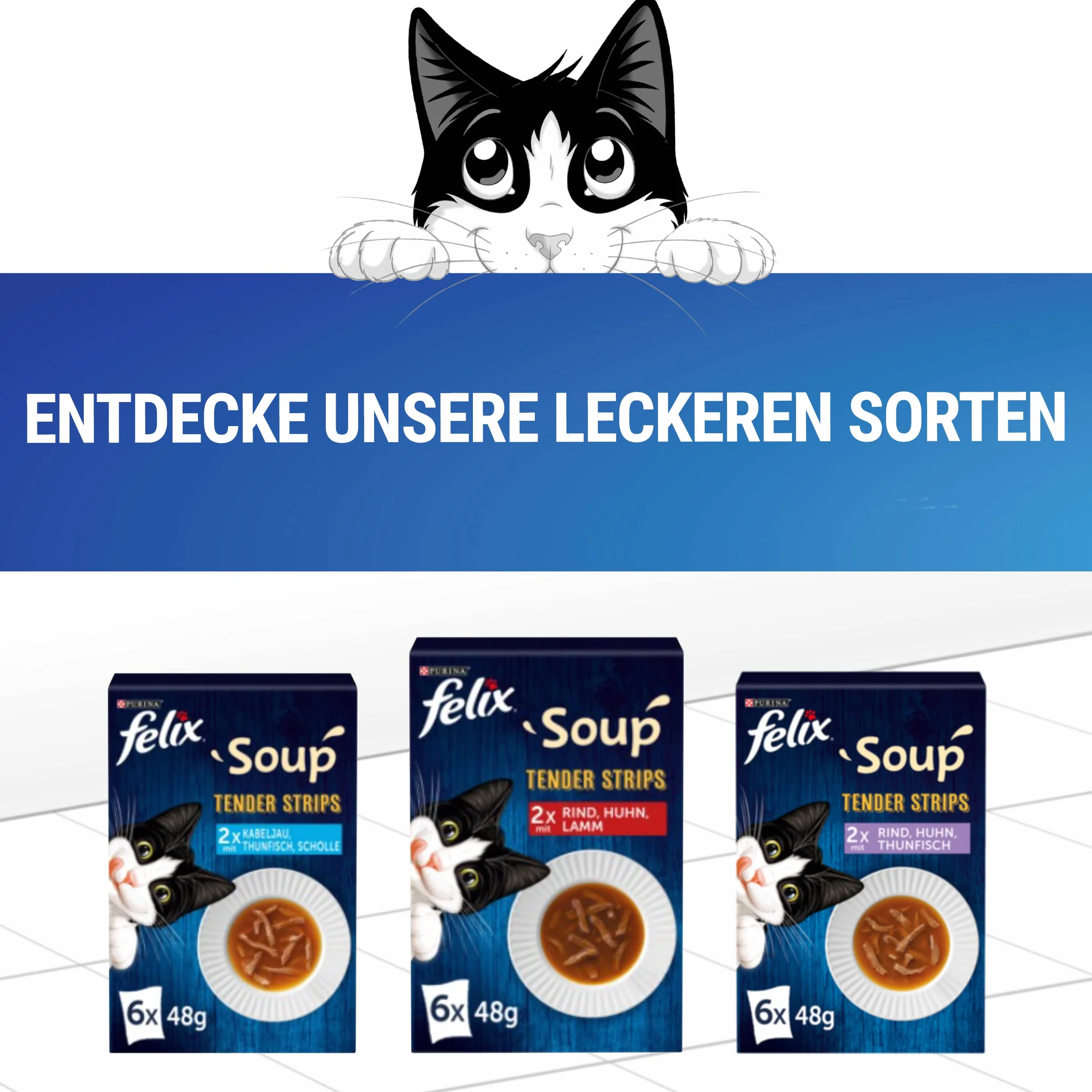FELIX Soup Tender Strips, zupa dla kotów, różnorodność smaków z wody, opakowanie 1 szt. (6 szt. po 48 g)