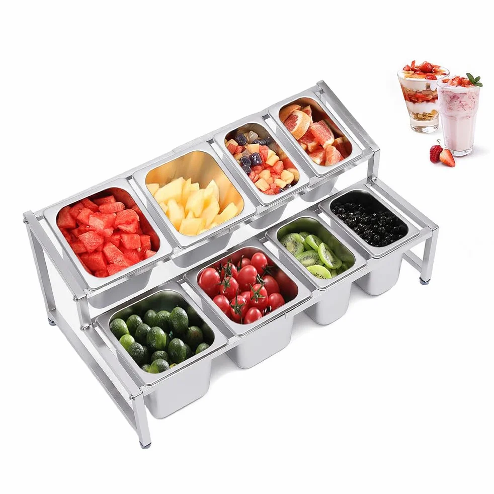 Rozkładana półka na przyprawy, Stal nierdzewna Pochylony organizer na przyprawy z 4 1/9 miską, 4 1/6 miską i 8 chochlami do przypraw do bufetów kuchennych i restauracyjnych