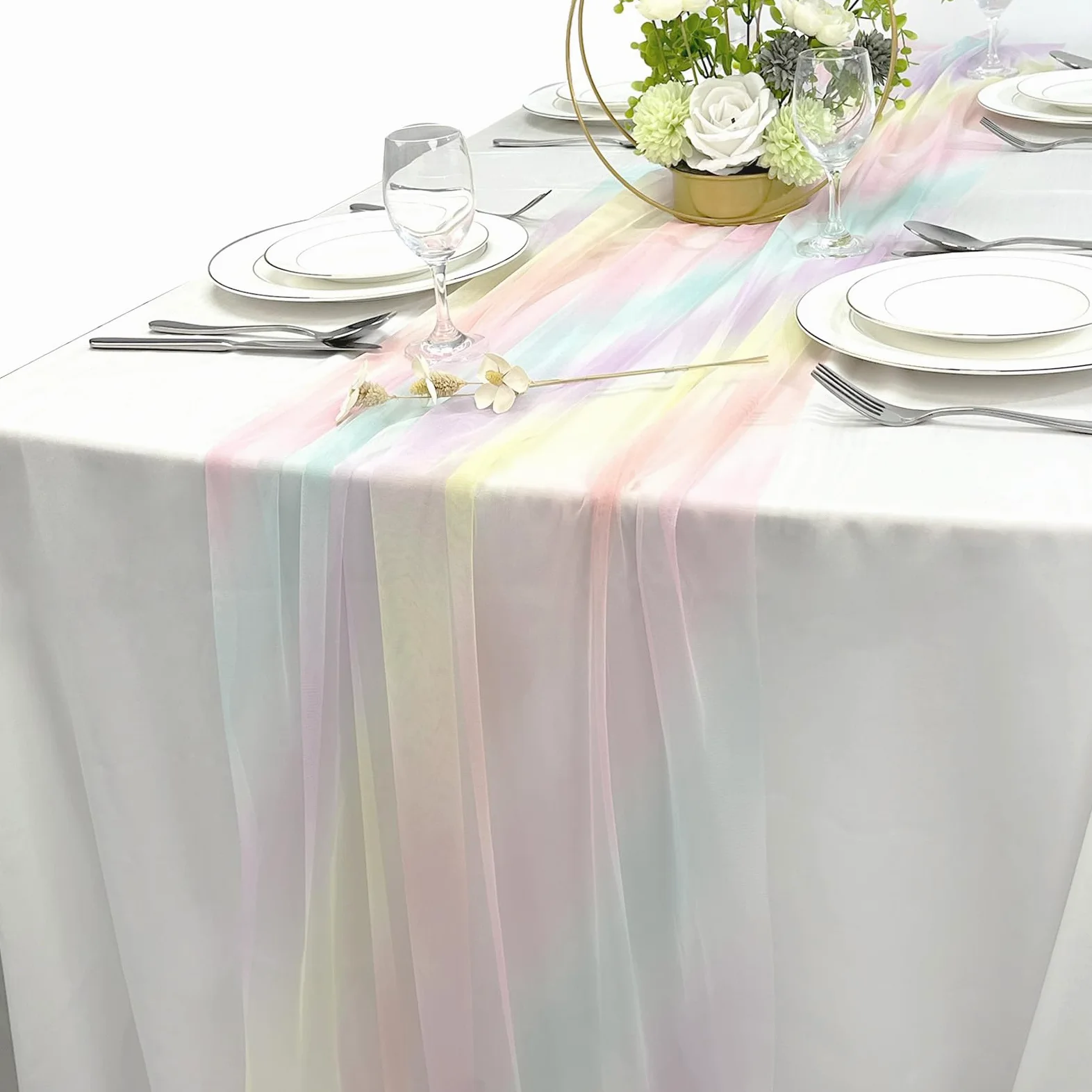 Bieżnik na stół z gazy, 75 x 275 cm, tiulowy, kolorowy, urodzinowy, tęczowy, dekoracja stołu w stylu boho, na wesele, urodziny, imprezę, do użytku wewnątrz i na zewnątrz